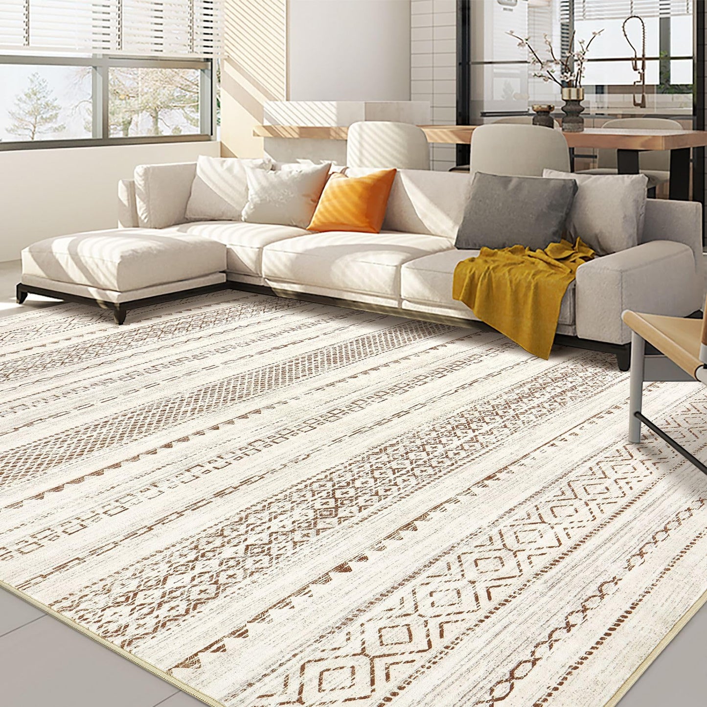 Nakagishi 10x14 Area Rugs Living Room: Washable Boho Large Neutral Modern Soft Farmhouse Rug Stain Resistant Indoor Non-Slip Accent Carpet for Bedroom Nursery Kids Playroom Office Dining Room- Brown