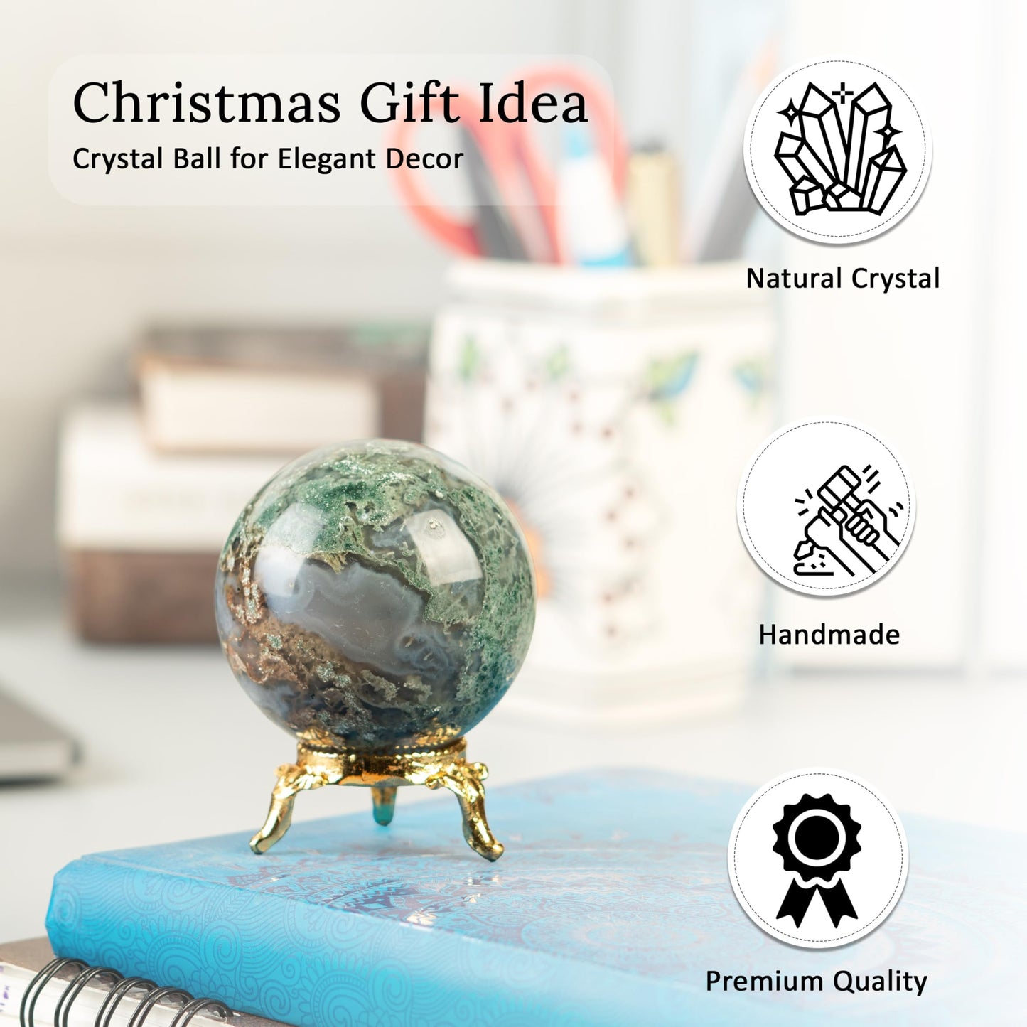 Crocon 50mm Tree Agate Stone Sphere Ball with Metal Stand 1400+ Carats Gemstone Ball Healing Sphere Sculpture Figurine for Fengshui Divination Home Decoration Photography Crystal Sphere