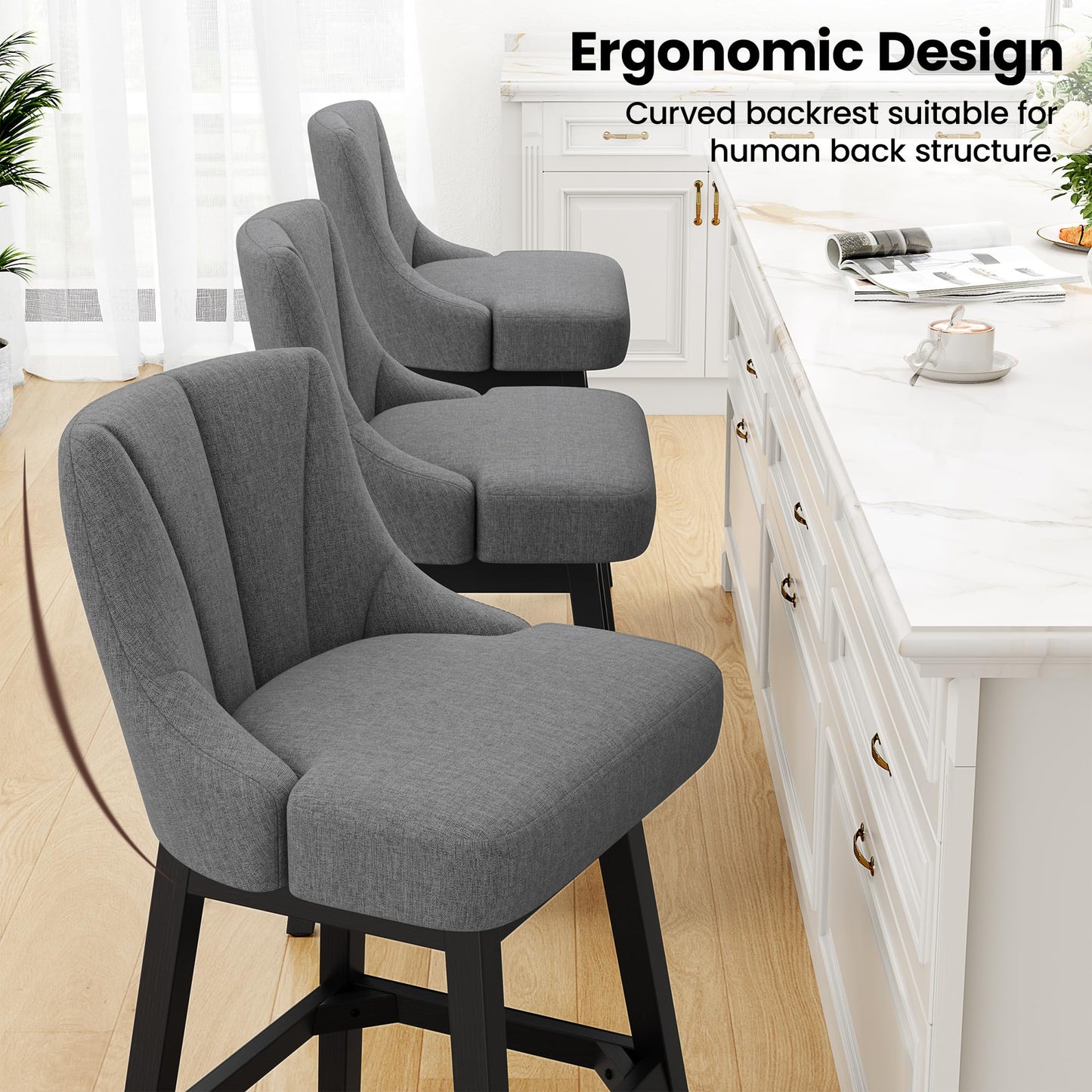 REONEY Swivel Bar Stools Set of 3, Fabric Upholstered Counter Height Barstool, 26" Modern Kitchen Island Chairs with Back and Solid Wood Legs for Home Bar Dining Room, Dark Grey