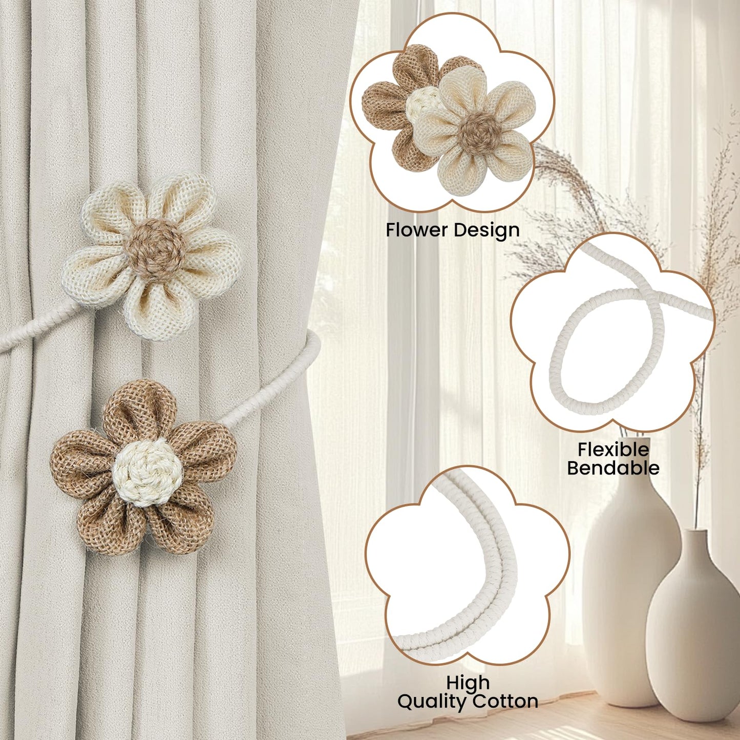KLOGTSIND Flower Curtain Tiebacks, 2 Pack Boho Curtain Ties Elegant DIY Curtain Holdbacks, Decorative Window Drape Twist Tie Backs for Bedroom Decor, Nursery Decor, Farmhouse Decor