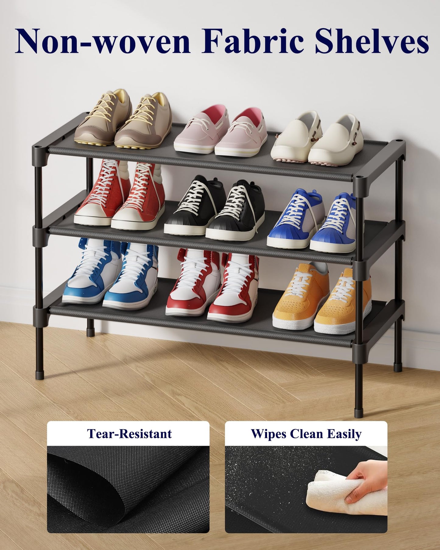 Kitsure Shoe Rack - Non-Woven Shoe Rack Shelf, Shoe Organizer for Closet, Entryway, Garage & Corridor, Stackable Shoe Shelves, 27.5" Wide - 3 Tier, Black