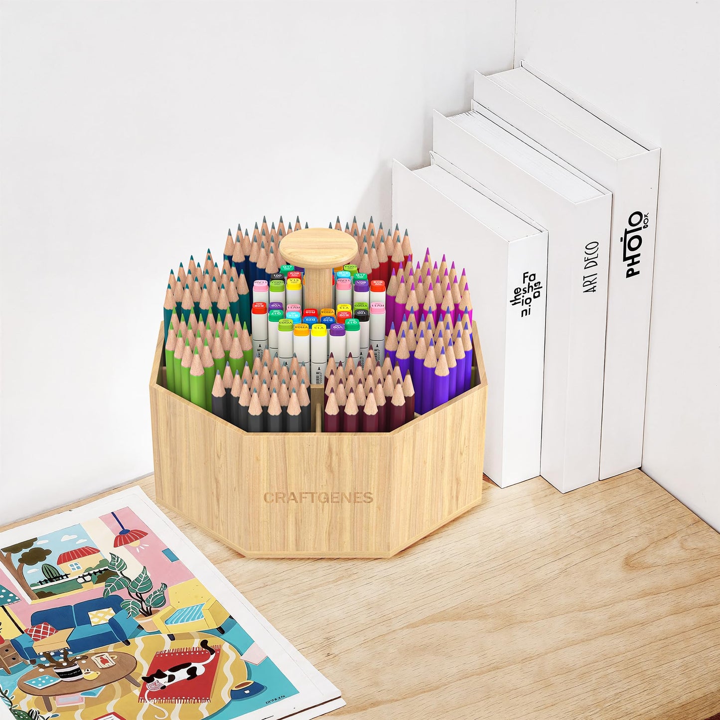 CraftGenes Bamboo Rotating Pen Organizer for Desk, 360° Spinning Desk Organizer with 10 Compartments, Wooden Pencil Holder, Desk Caddy for Office Supplies, Marker Organizer for Office Home School