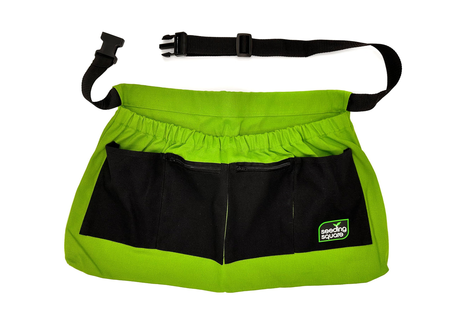 Seeding Square Harvest Garden Apron – pick fruits, vegetables, eggs and weeds & store small tools, seeds and personal items (Black Pockets on Green)