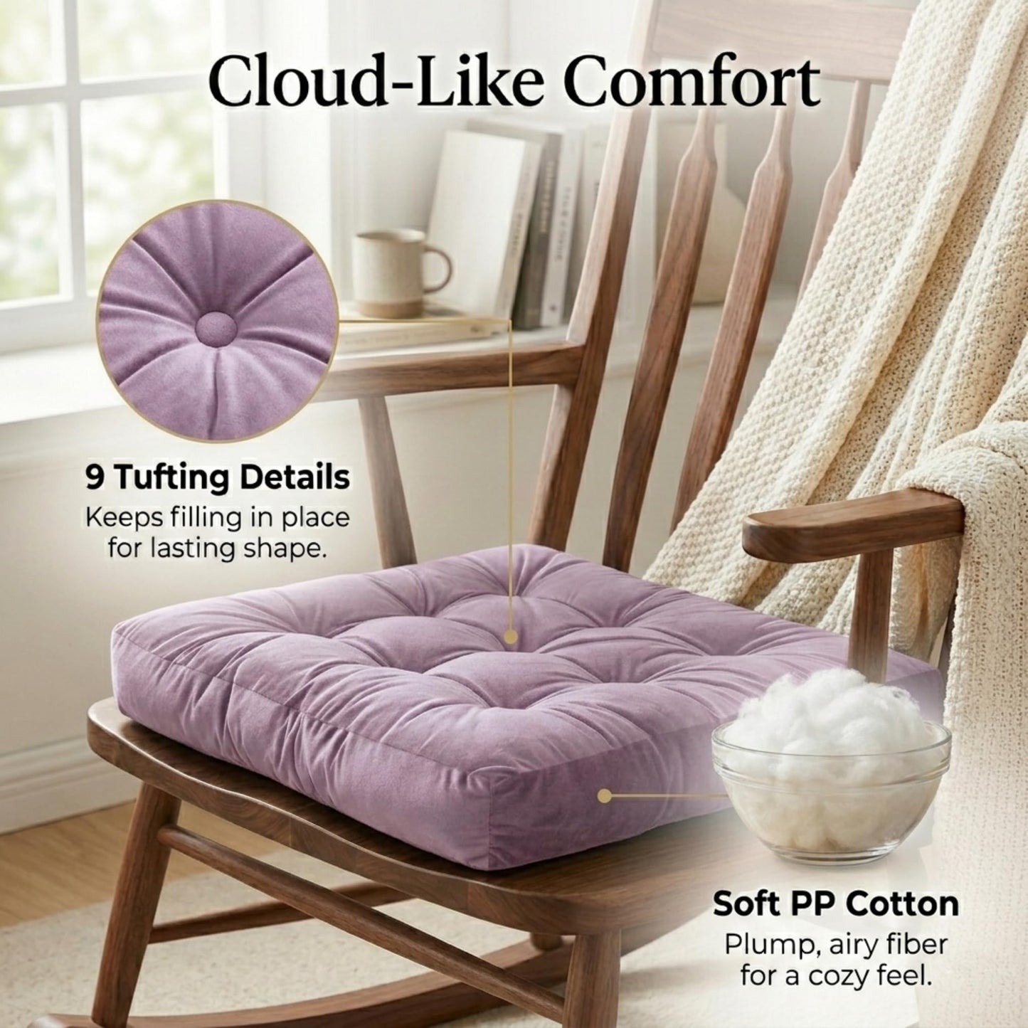 Meditation Cushion Set of 2, Floor Cushions for Adults, Velvet Floor Pillows for Sitting, Tufted Seat Cushions for Yoga, Living Room, Bedroom & Reading Nook, Machine Washable, 22 x 22 Inch, Lavender