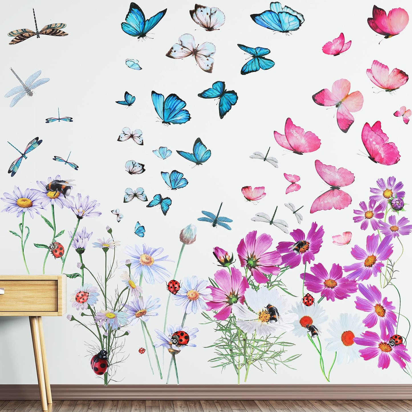 Zonon 64 Pcs Flowers and Butterflies Wall Decals, Wildflower Butterfly Dragonflies Decals for Wall, Removable PVC Garden Peel and Stick Walls Stickers Murals for Nursery Bedroom Office Decor(Red)