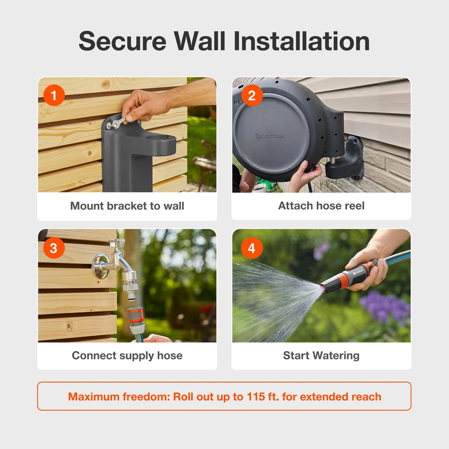 GARDENA (18630) Retractable Garden Hose Reel 115' x 1/2" Wall Mounted, Automatic Retraction & Length Lock for Easy Watering. Heavy Duty Swivel Bracket 180°, Includes Nozzle. Made in Europe