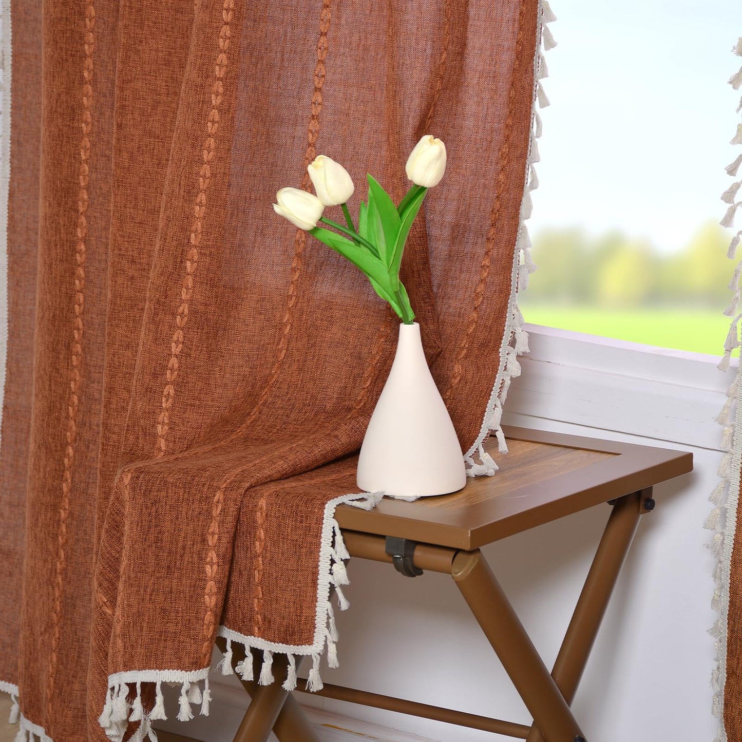 Schweek Terracotta Boho Curtains 84 Inch Length Burnt Orange Farmhouse Curtains for Living Room 2 Panels, Linen Bohemian Tassel Rust Rustic Curtain Drapes