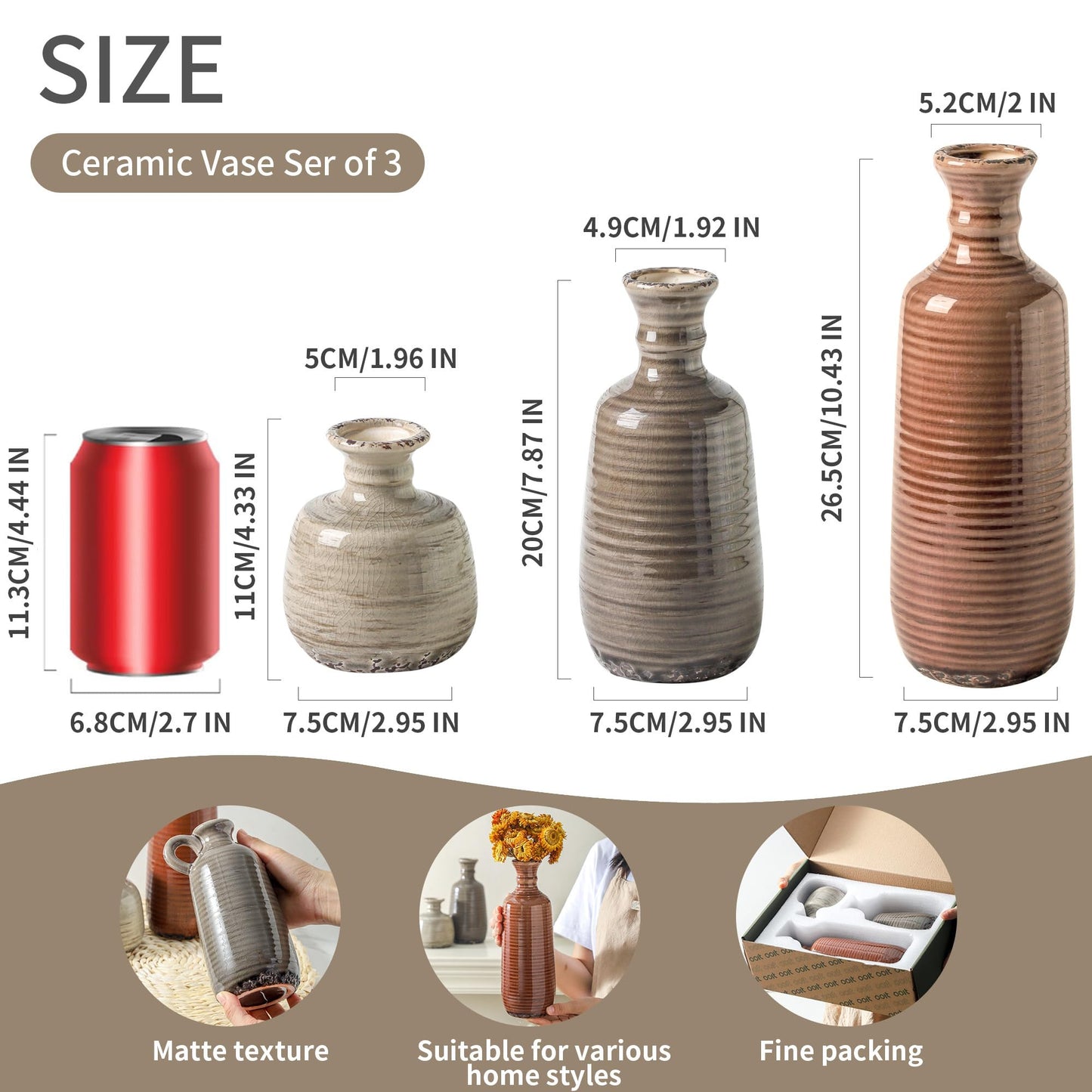 Ceramic Vases Set of 3, Neutral Rustic Farmhouse Vases Home Decor Decorative Flower Vase Modern Boho Pampass Vase for Table Mantel Entryway Shelf Living Room Kitchen Bathroom - Brown