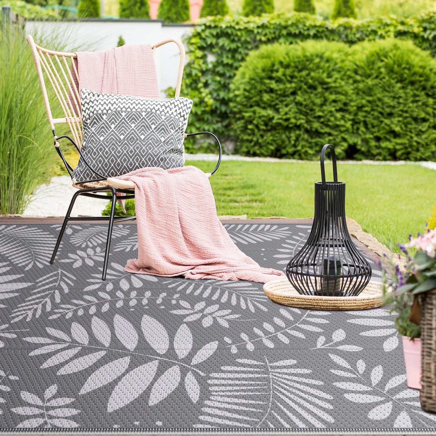 StepRite Outdoor Rug, Patio Rug, Plastic Straw Camping Rugs, Large Waterproof Area Rug and Mat for Outdoors, RV, Patio, Backyard, Deck, Porch, Beach, Balcony, (5'x 8', White&Gray)