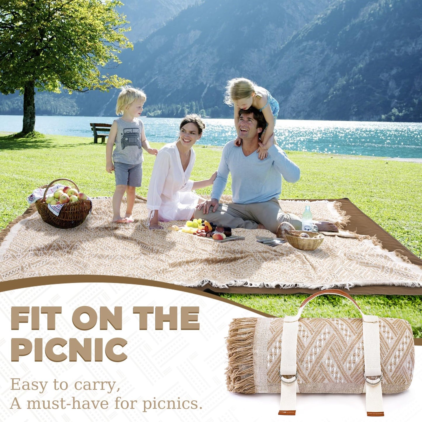 Genovega 2 in 1 Extra Large Rug Outdoor Picnic Blanket Waterproof Woven Boho Mat Giant Beach Towel Travel Essential Yoga Accessories Park Patio Lawn Garden Ground Music Festival Concert Must Have