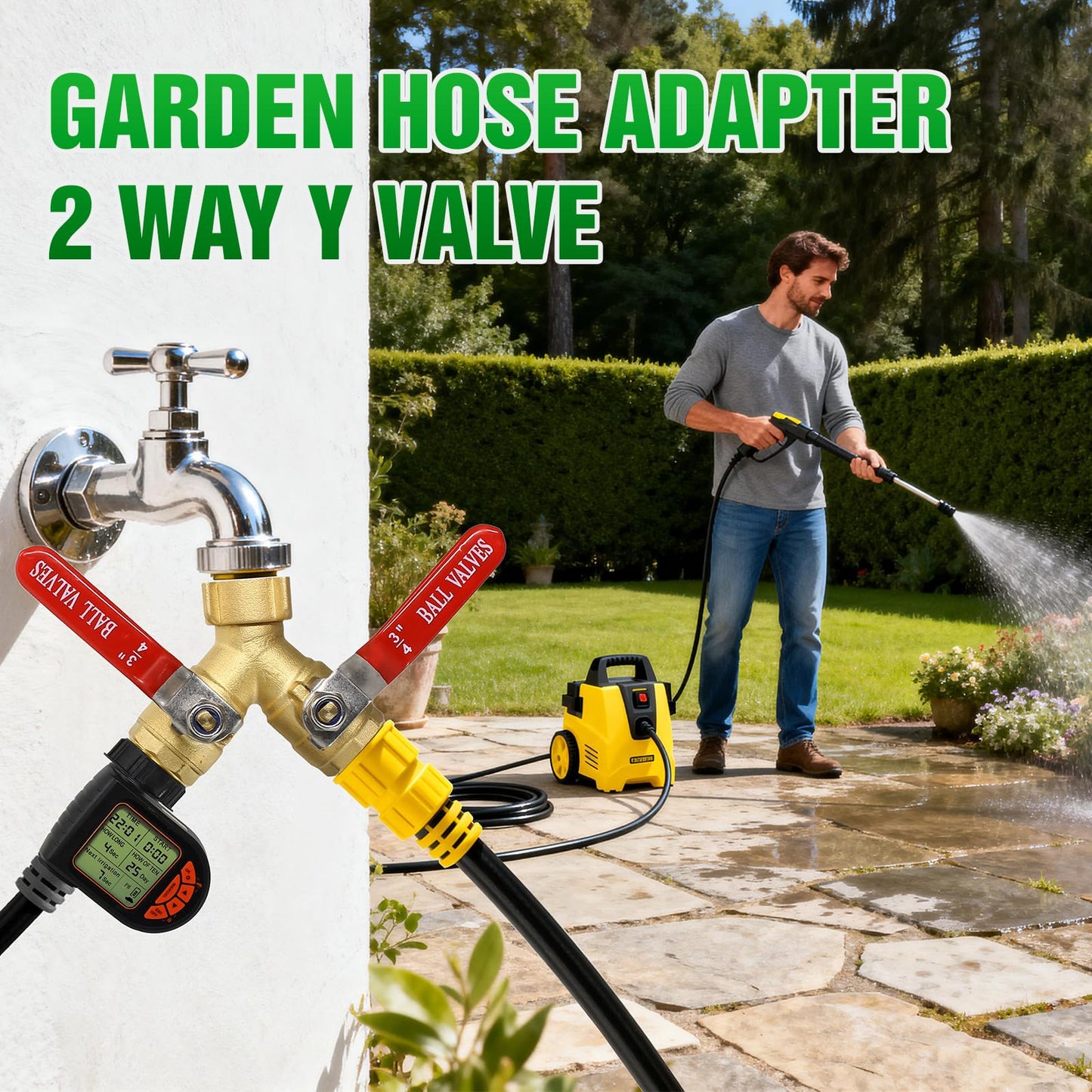 Breeze Touch Garden Hose Splitter, Brass Hose Splitter 2 Way Heavy Duty, Outdoor Water Faucet Splitter with Metal Extended Handle, Outdoor Faucet Connector for Lawn, Irrigation & Washing