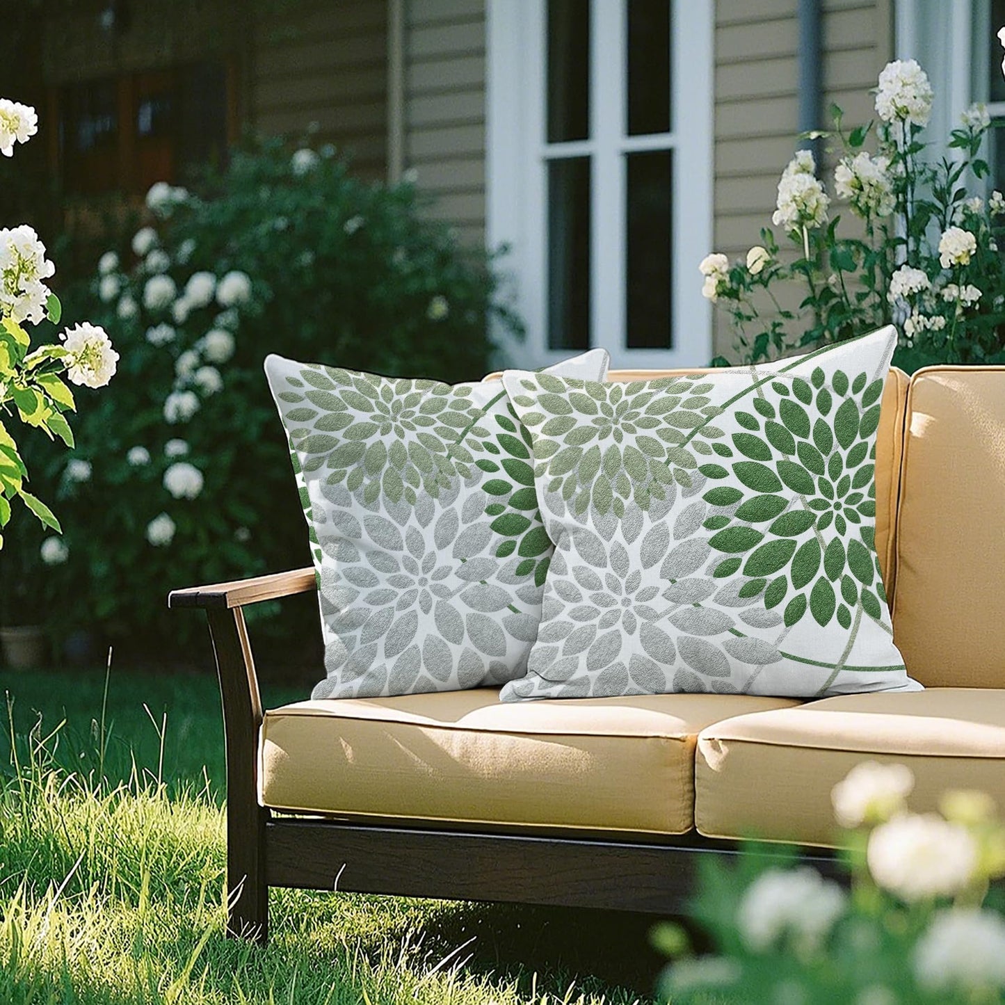 WitHero Decorative Throw Pillow Covers Set of 2, Double-Sided 18x18 inch White Linen Green Silver Grey Pillow Cases, Farmhouse Indoor Outdoor Modern Floral Dahlia Flowers Cushion Cover for Couch Sofa