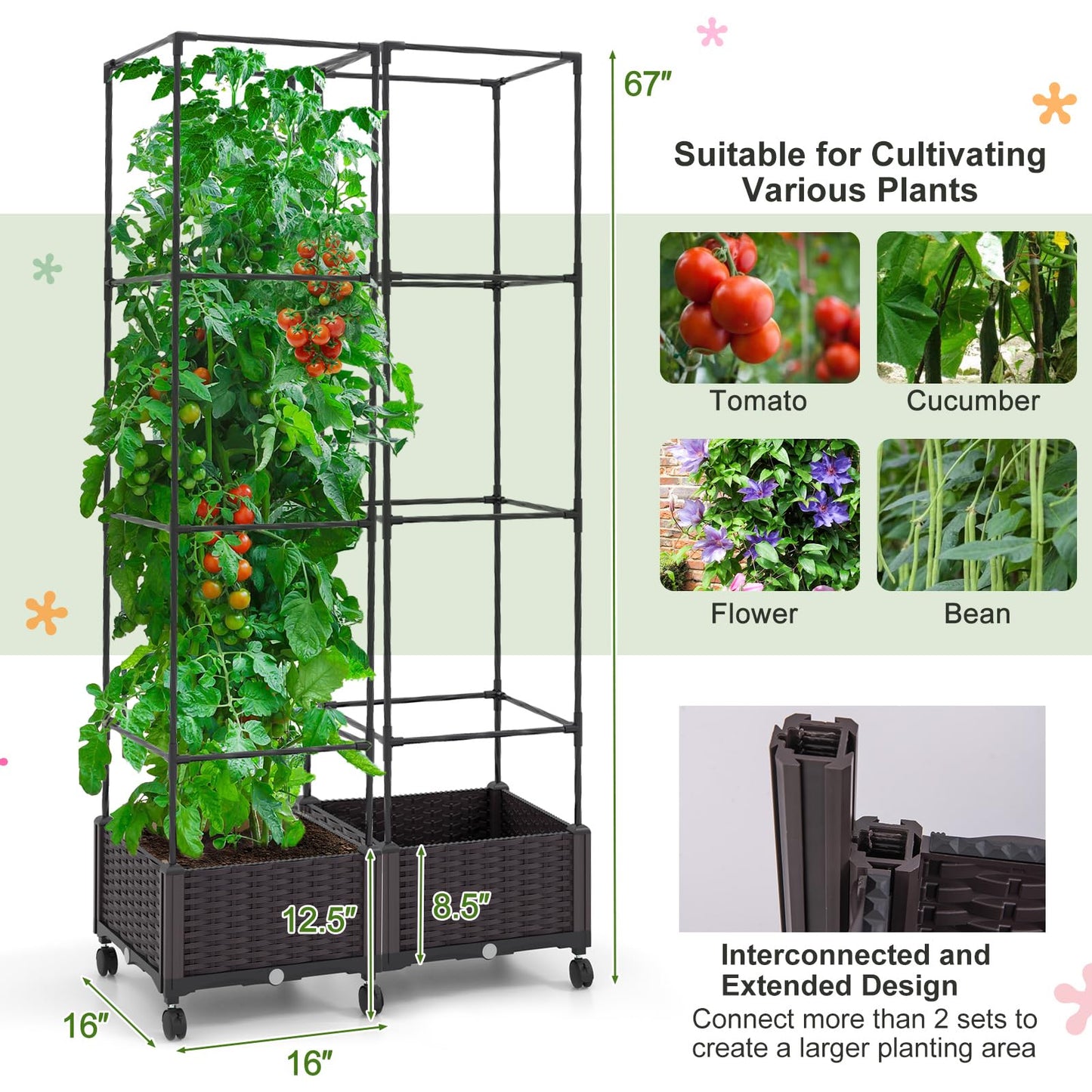 Giantex Raised Garden Bed with Tomato Cages, 67” Adjustable Height, Self Watering Planter Garden Box with Wheels, Trellis for Climbing Plants Vegetable Flower