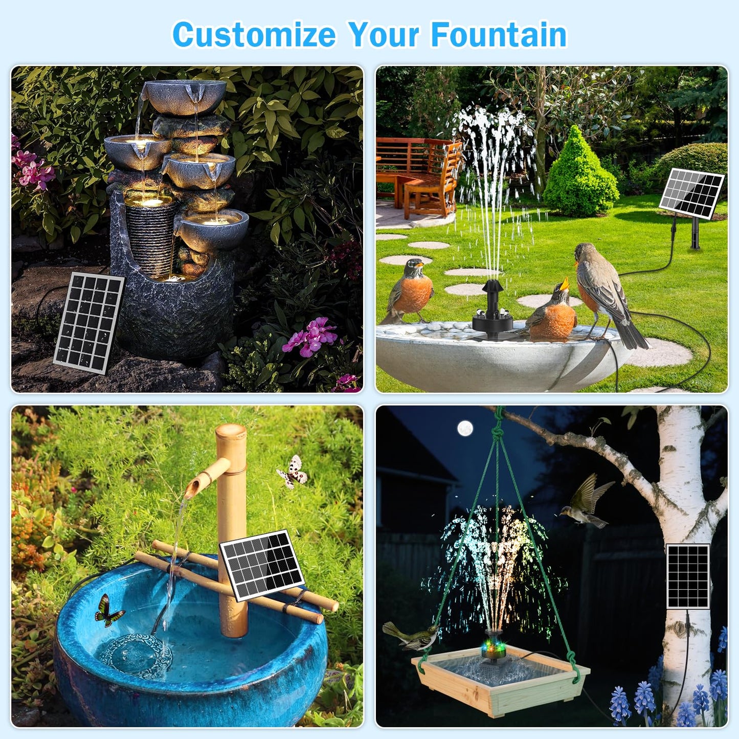 GAIZERL Solar Fountain Pump with Adjust Glass Panel, Upgrade 3.5W Solar Water Pump with Stake, 16.4ft Cable, 2000mAh Battery, Colorful Lights, Solar Powered Fountain Kits for Bird Bath, Hummingbird