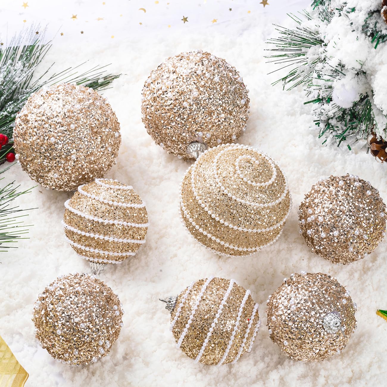Champagne Gold Christmas Ball Ornaments, Christmas Ball Decorations Shatterproof Plastic Hanging Pearl Balls for Holiday Party(70mm/2.76", 12ct)