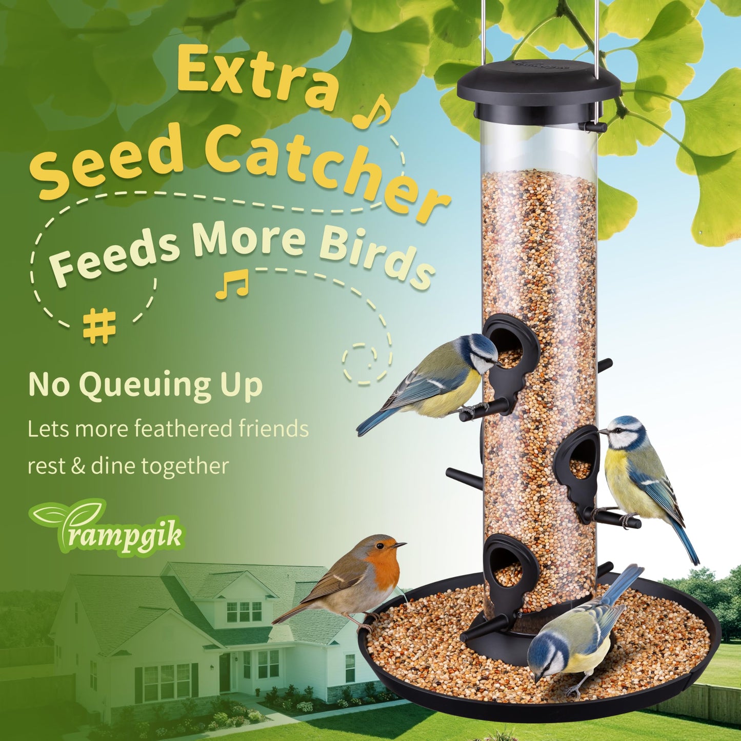 Trampgik Bird Feeders for Outdoors Seed Catcher,6 Port Wild Bird Feeders with Tray,Bird Feeders for Outside Hanging for Cardinal 13 Inch,Black,Pack of 1