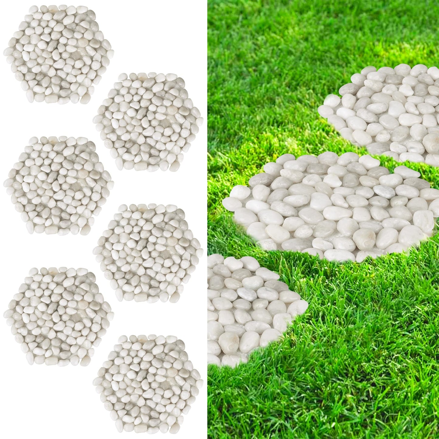 River Rock Stepping Stones Outdoor for Garden Walkway, 12 inch 6 Pcs Hexagon Shape Paver Step Stones Polished Pebble River Stone Mat for Yard Lawn Patio Pathway Walk Way - White