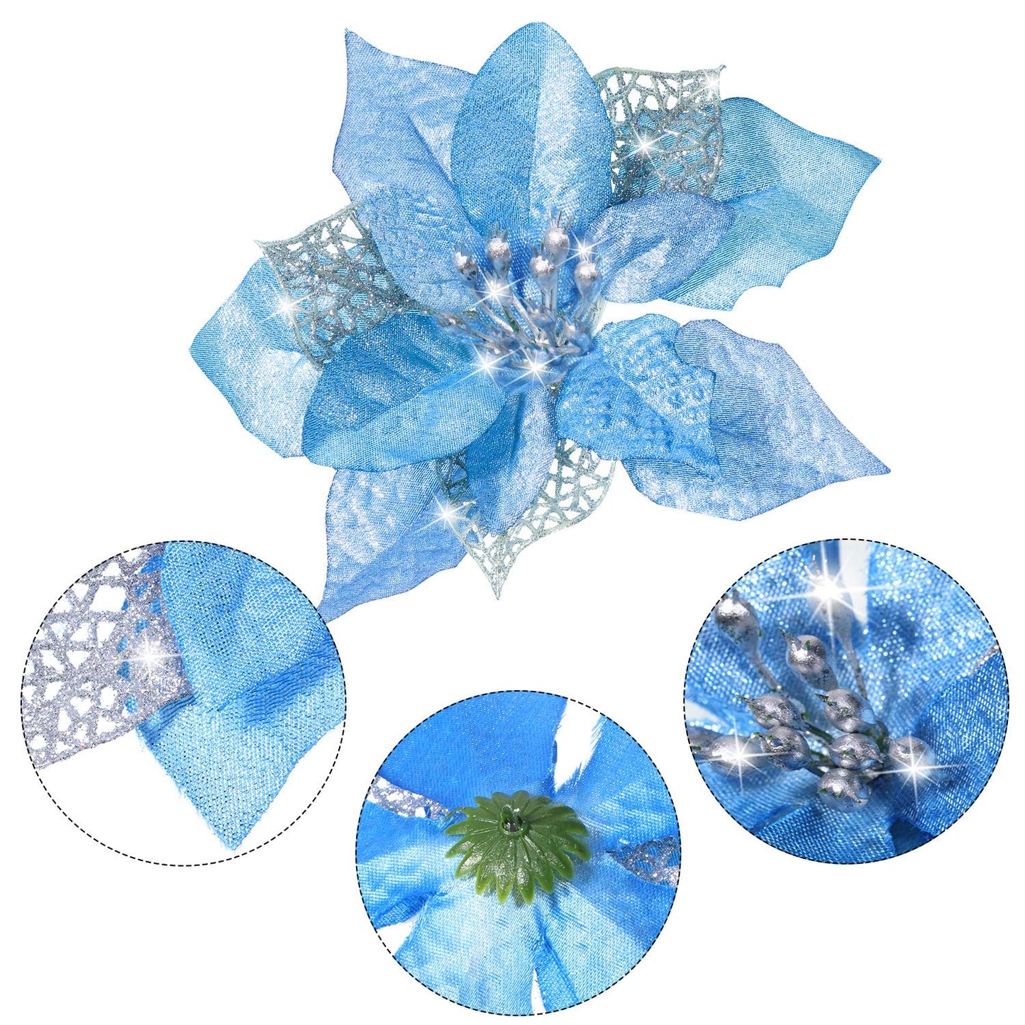 Boao 24 Pieces Christmas Artificial Glitter Poinsettia Flowers Xmas Flowers Wedding Christmas Tree New Year Ornaments(Blue)