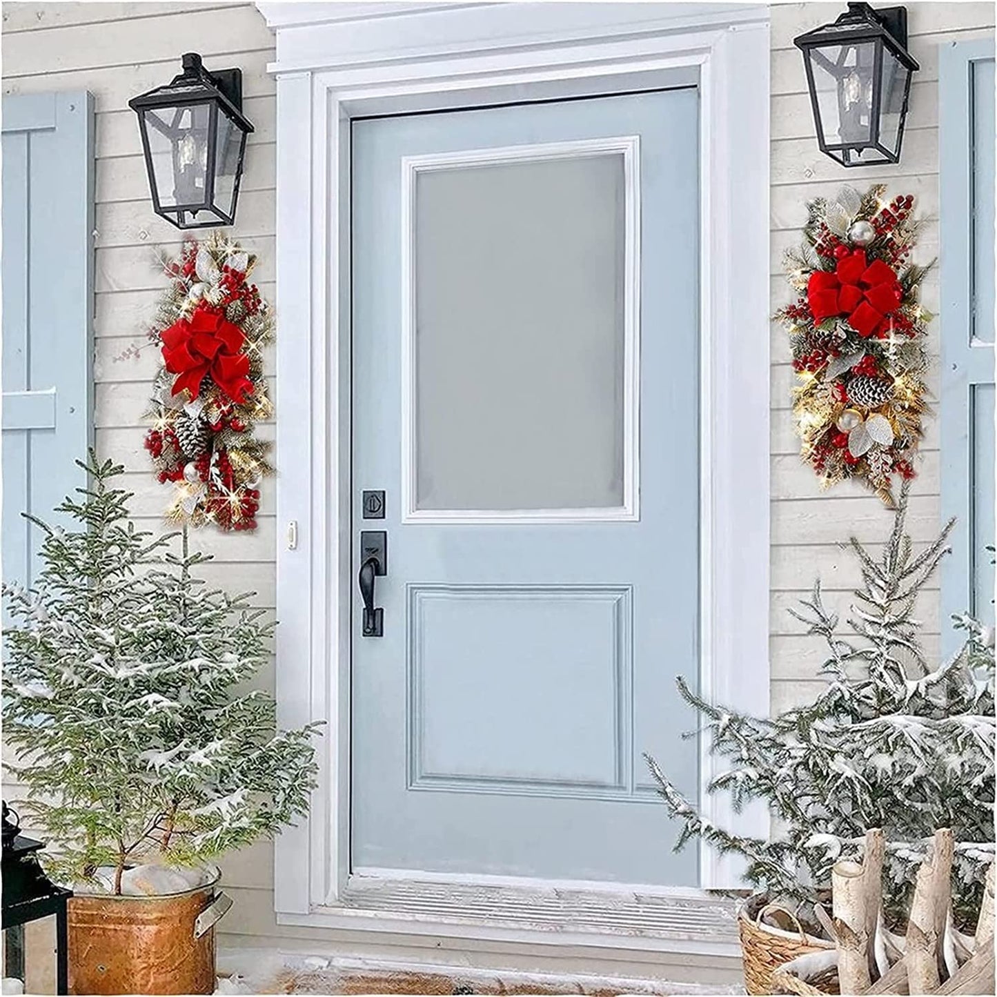 2025 Cordless Christmas Swags Prelit Teardrop Swag Christmas Staircase Decorations Artificial Stairs Christmas Garland with Lights Rustic Christmas Swag for Front Door Wall Window Stair Home Decor (A)