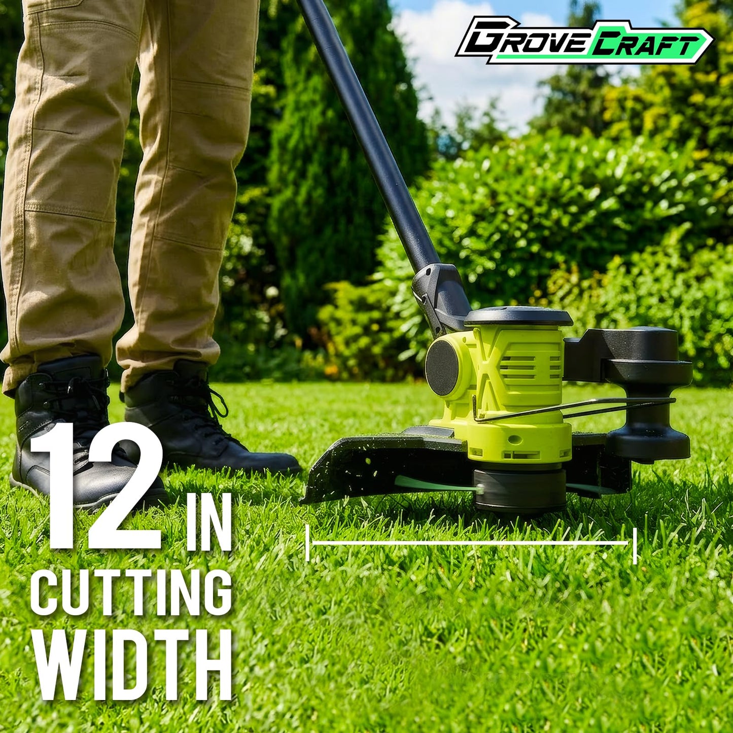 Grovecraft 20V Cordless String Trimmer, 2x4Ah Grass Trimmer&Edger with 8 Replacement Spools, Battery Powered Weed Trimmer with Auto Line Feed for Garden, Lawn, Green