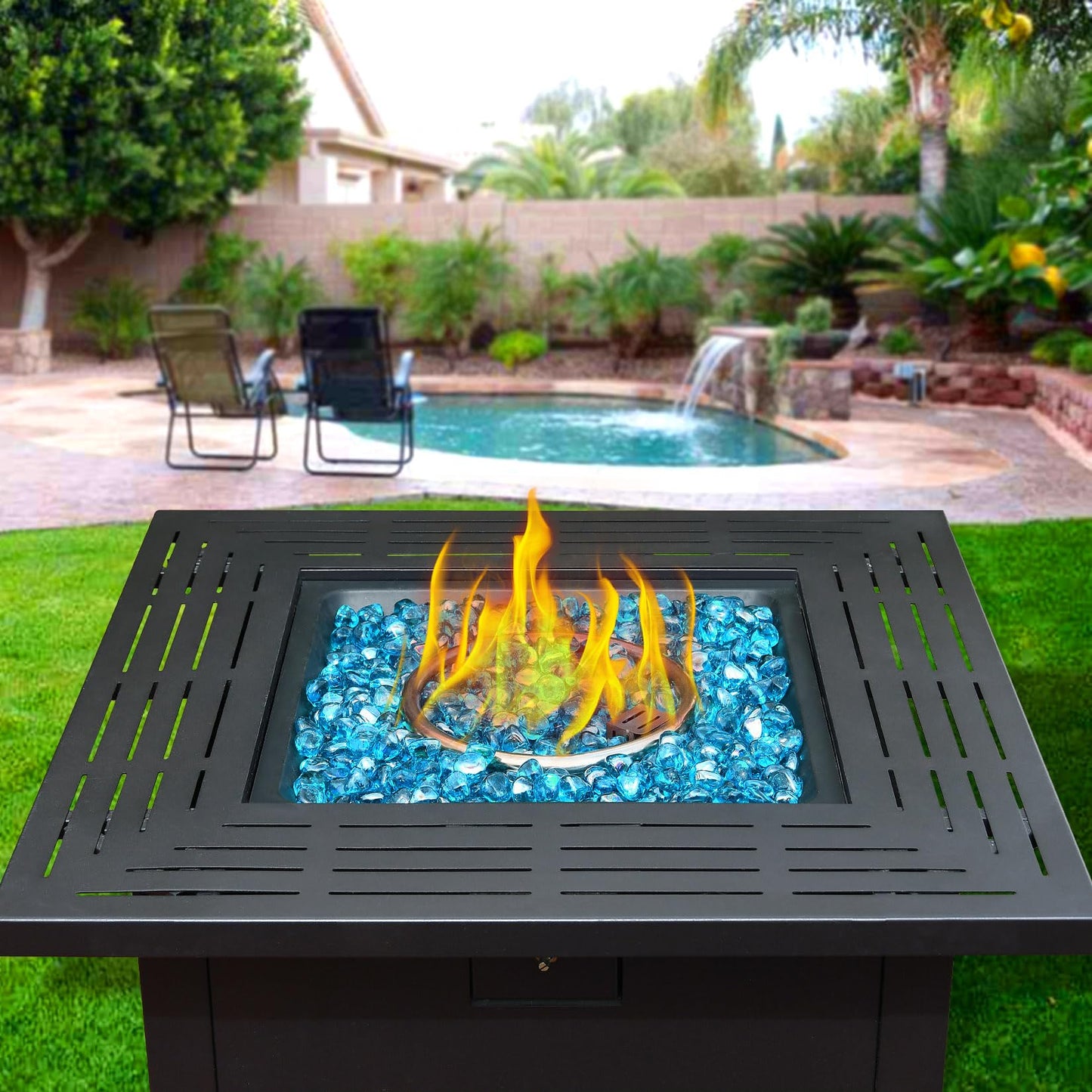 vchin Fire Glass for Propane Firepit, Fireplace and Outdoor Decorative, Caribbean Blue Fire Pit Rocks 10LB, 1 Inch Diamond High Luster Glass Beads
