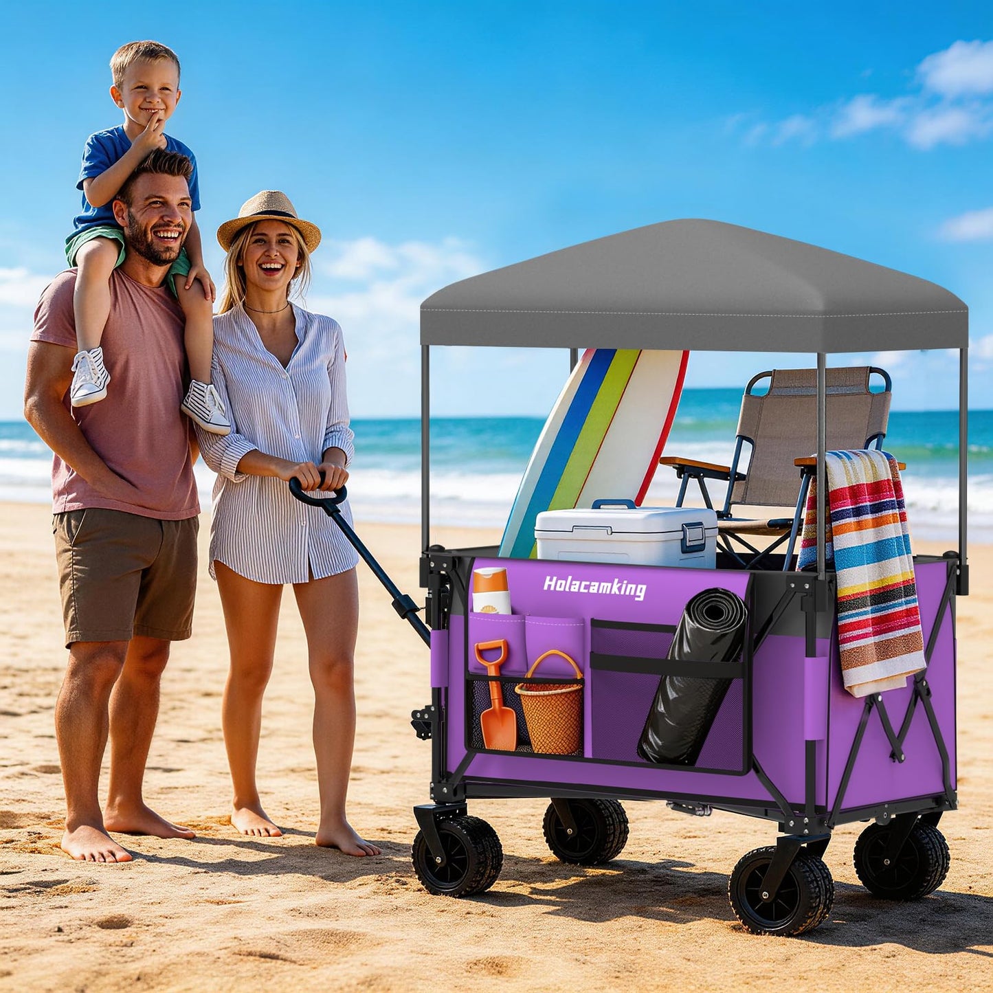 Holacamking Collapsible Canopy Wagon Cart, Heavy Duty Utility Wagon with Removable Sun Cover, All-Terrain Big Wheels, Dual Brakes, Extra Large Grocery Cart for Beach Camping Sports Tailgates (Purple)