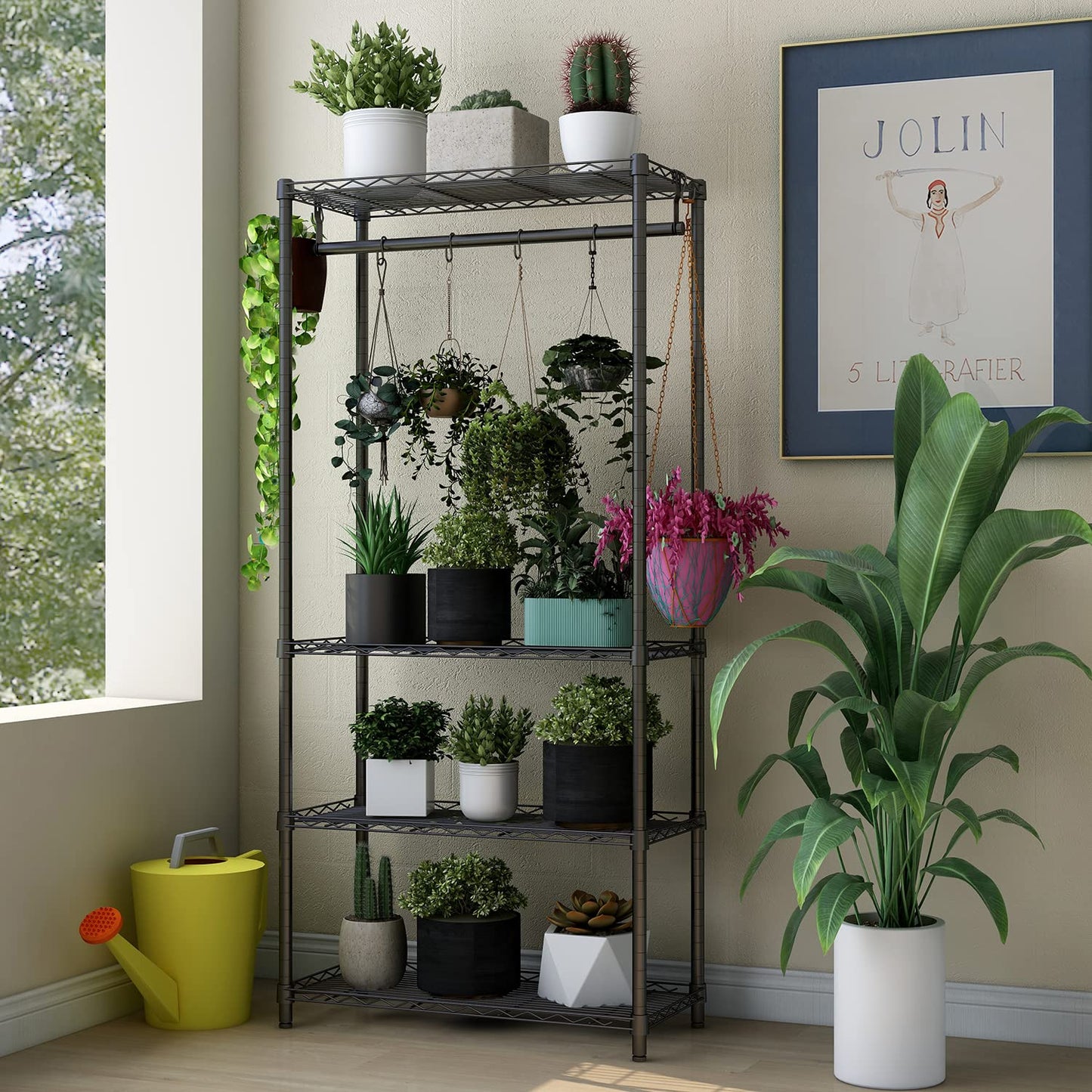 Xiofio Plant Shelf for Indoor Plants Outdoor,Metal Plant Stand,Tier Plant Stand,Adjustable Plant Shelves with Hanging Rod for Bedroom Living Room Balcony Garden,Black