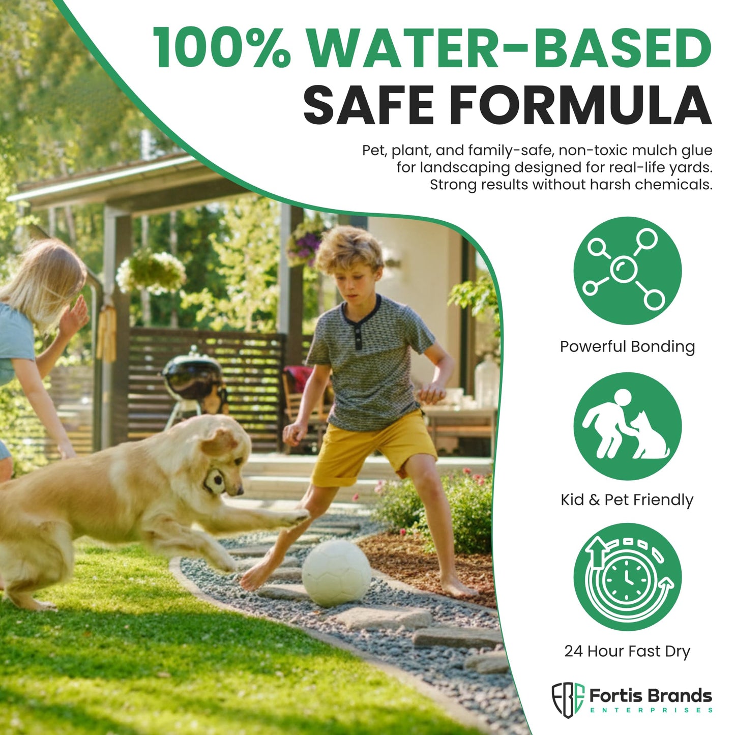 FBE Fortis Mulch Glue and Rock Glue for Landscaping - 1 Gallon Pet and Plant Friendly Gardening Adhesive, Heat Resistant, Max Hold on Mulch, Rock, Pea Gravel, Shells, Straw, Stone, Hay and More
