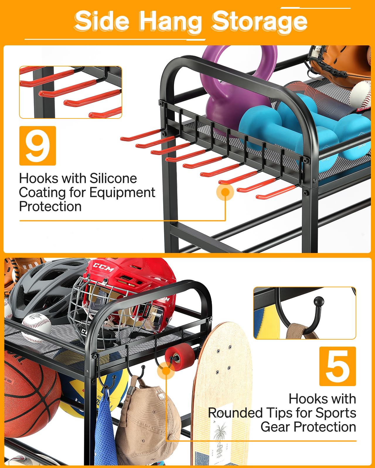 EXTCCT Garage Sports Equipment Organizer - Rolling Ball Storage Bin with Wheels, Garage Sports Gear Rack Outdoor Basketball Racks for Balls with Baseball Bat Holder and Hooks, Toy Organizer