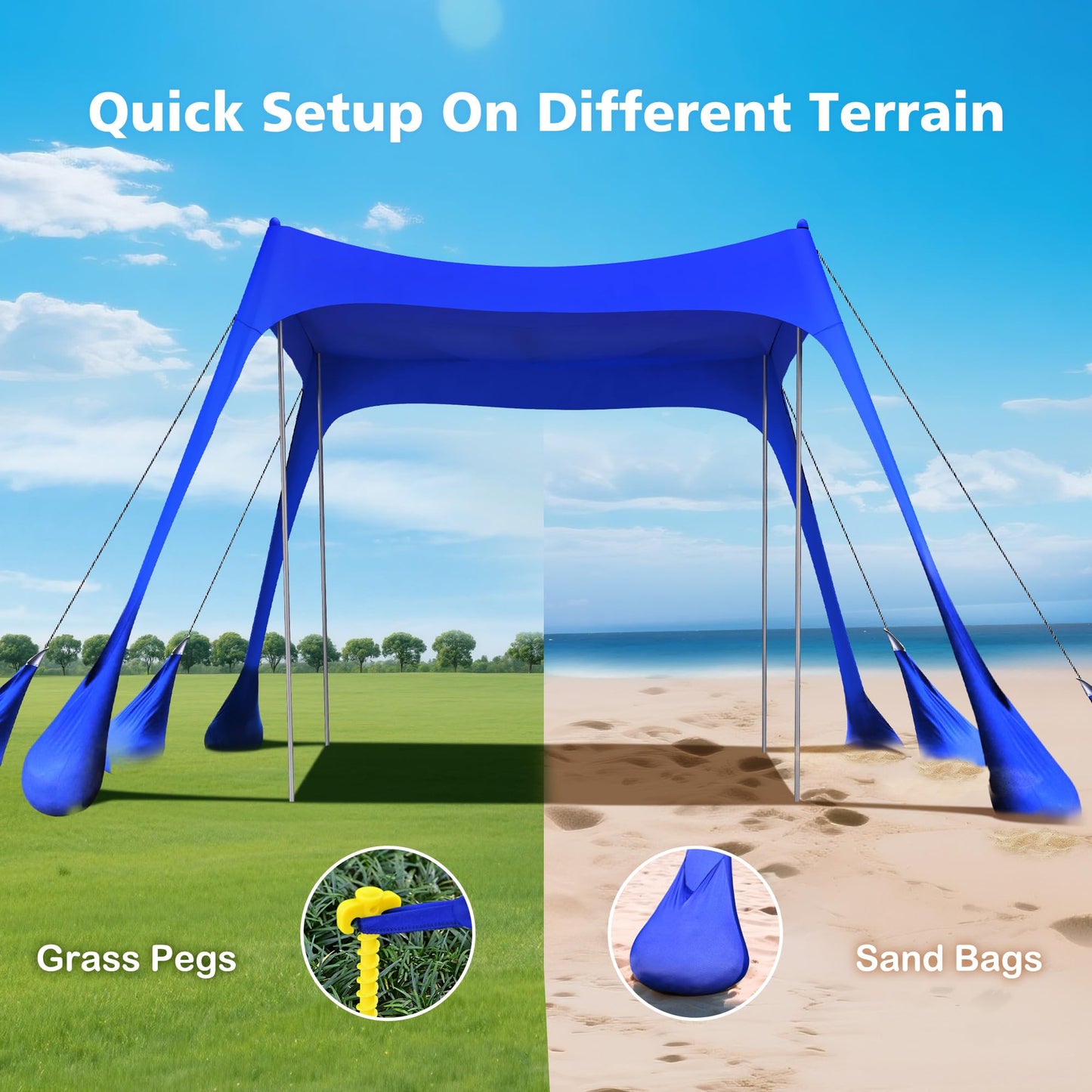 2PM SPORTS Beach Tent Sun Shelter 10x10 FT - UPF 50+ UV Protection, 8 Sandbags, Easy Setup, Portable Beach Shade Canopy for Family Picnic Camping Travel