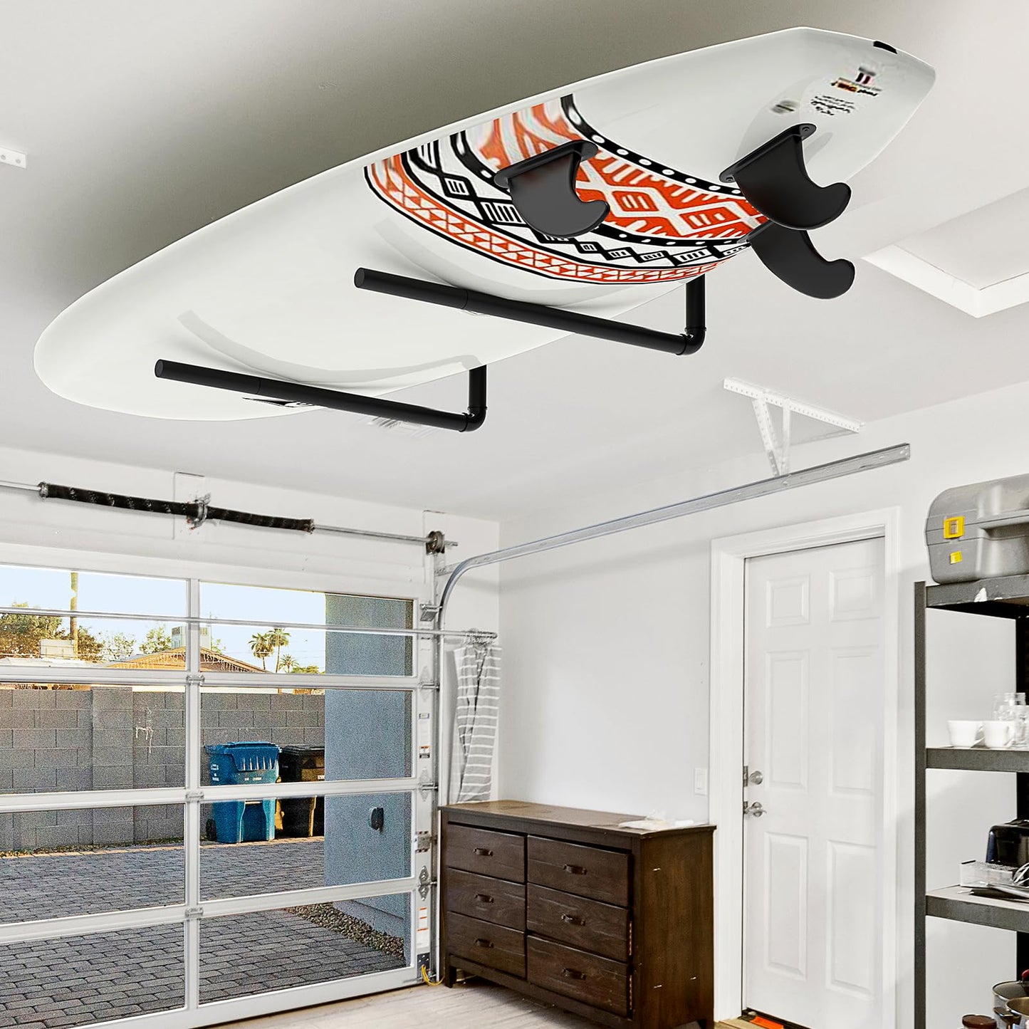 Paddleboard and Surfboard Storage Rack, 3 in 1 Overhead Garage Ceiling Storage Rack & Kayak Rack Wall Mount Organization & Adjustable Ladder Hanger for Canoe Rack, Snowboard with Non-Slip Padding