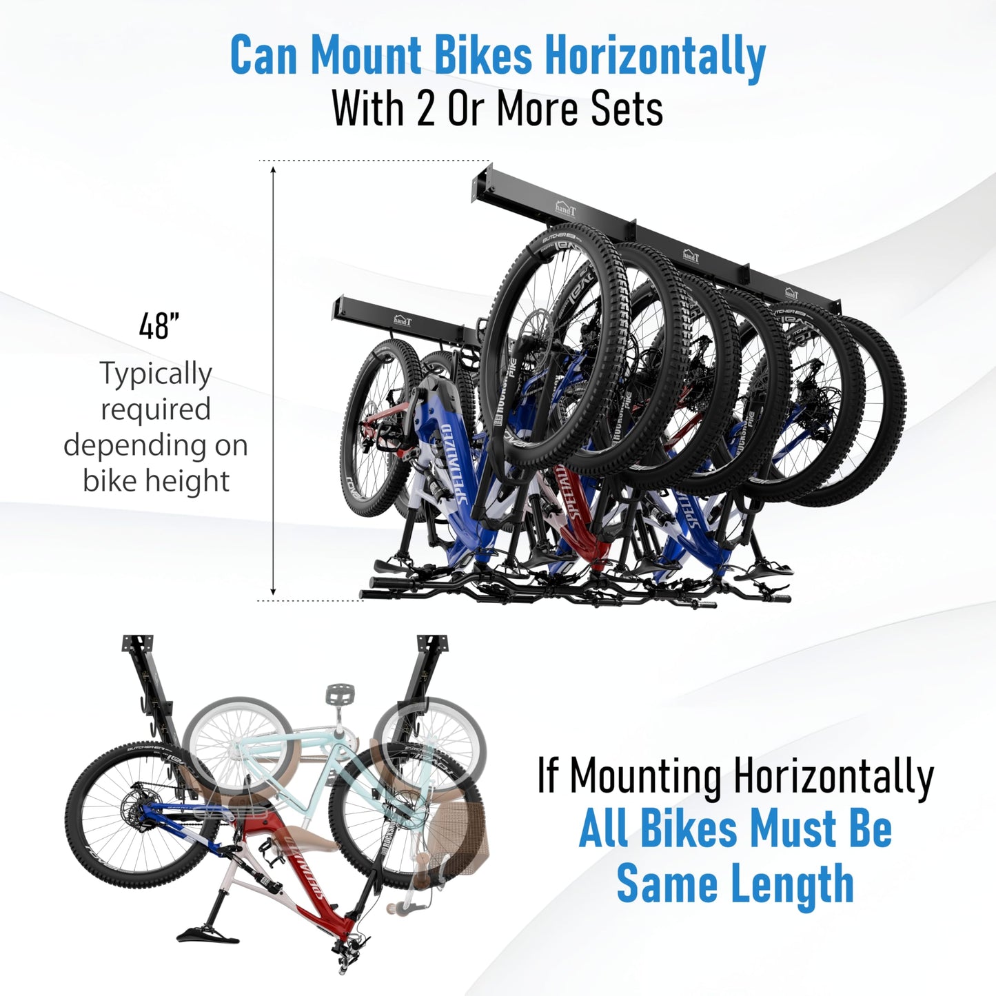 USA Based Ceiling Bike Hanger Slide Mount Up To 6 Bikes, Sliding Garage Bicycle Storage, 51" Heavy Duty Hanging Hook Racks 450lbs Limit, Overhead Mounted Hangers for Storing Bicycles | Black