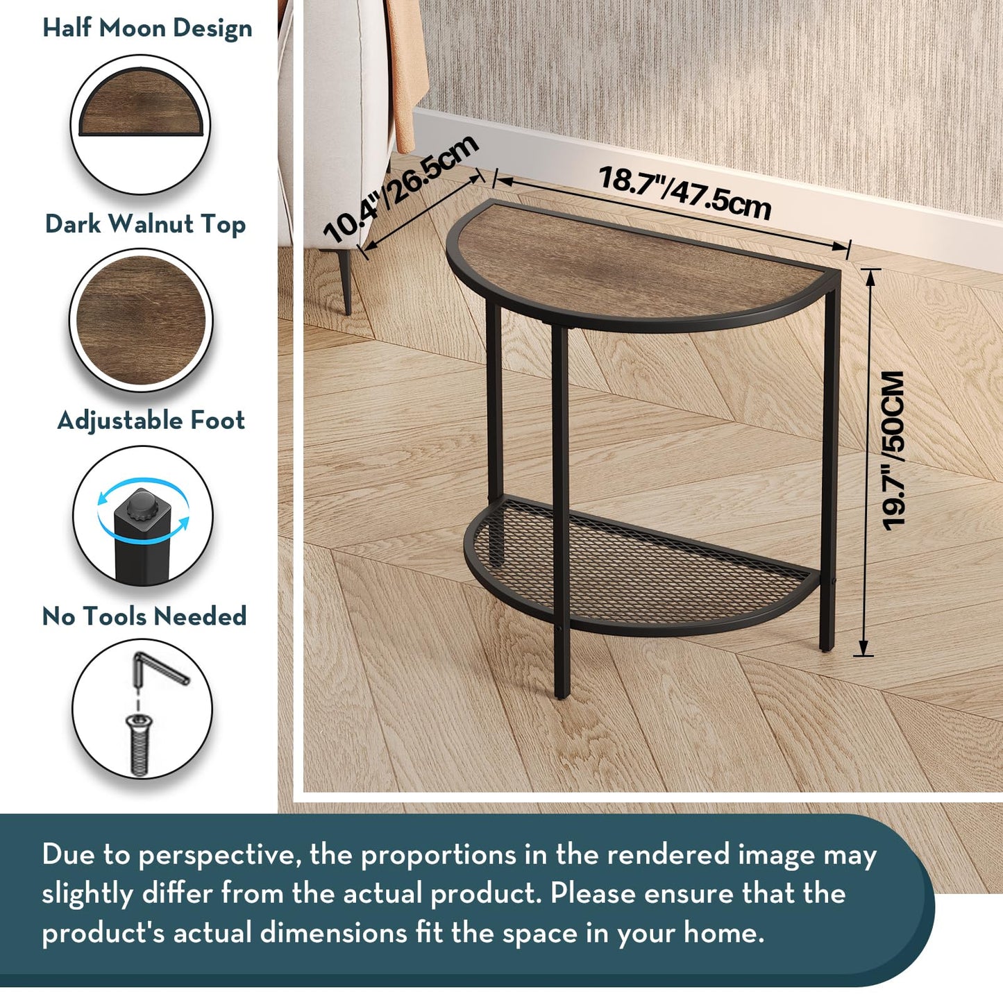 SAYGOER Small Side Table 19.7'' Half Moon Side Tables for Living Room 18.7"*10.4" Unique Modern Half Round Bed for Home Balcony 2 Tier Couch Tables with Storage Shelf, Adjustable Feet, Dark Walnut