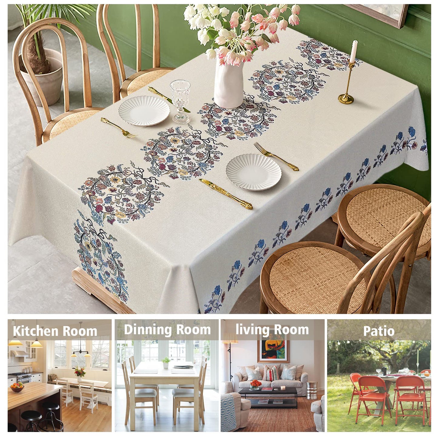 AIRCOWRIE Waterproof Vinyl Tablecloths, Heavy Duty Oil Proof Spill Proof Plastic Table Cloth, Wipe Clean PVC Table Cover for Spring Indoor and Outdoor Use (Embroidery Flower, 54”×78”, Rectangle)