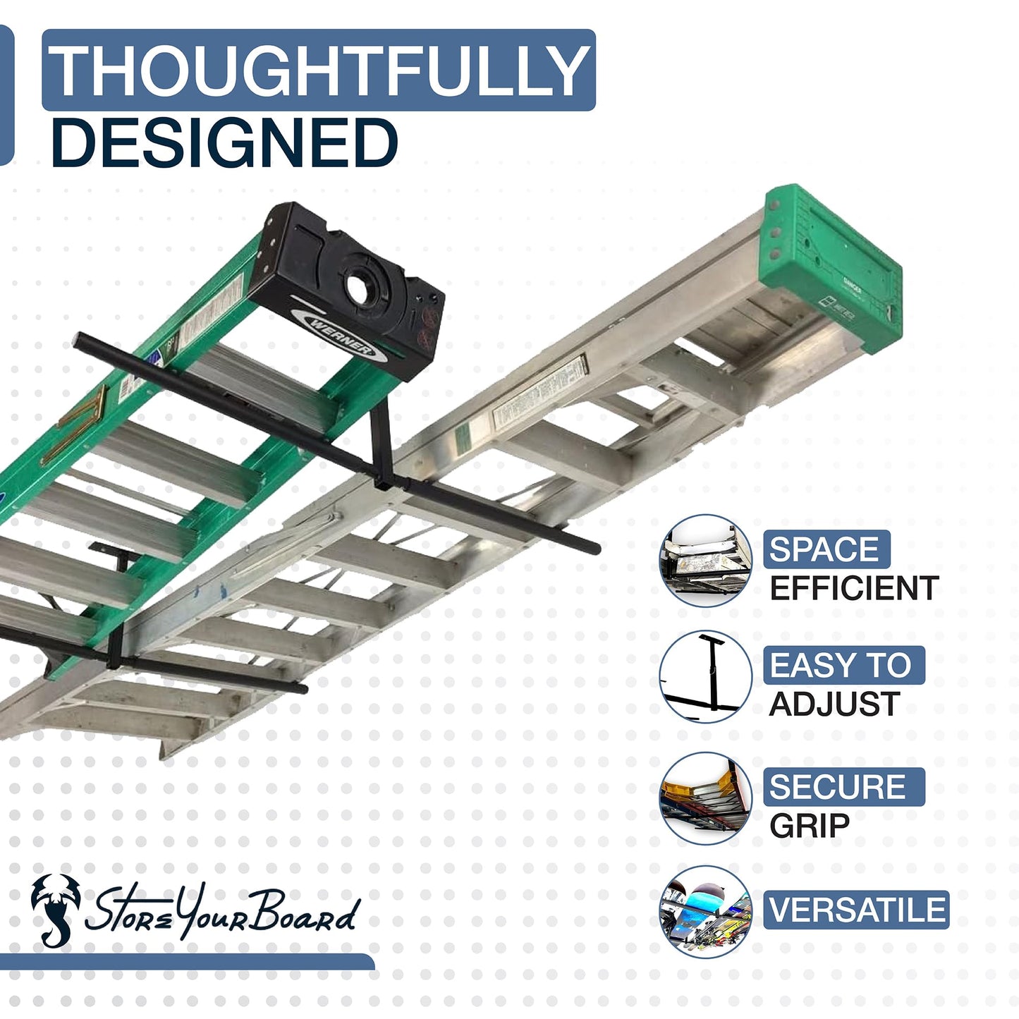 StoreYourBoard Adjustable Overhead Ladder Rack – Garage Organizer Ladder Shelf for Step & Extension Ladders - Storage Racks and Shelving for Garage Organization - Ceiling Mounted - Holds 150 lbs