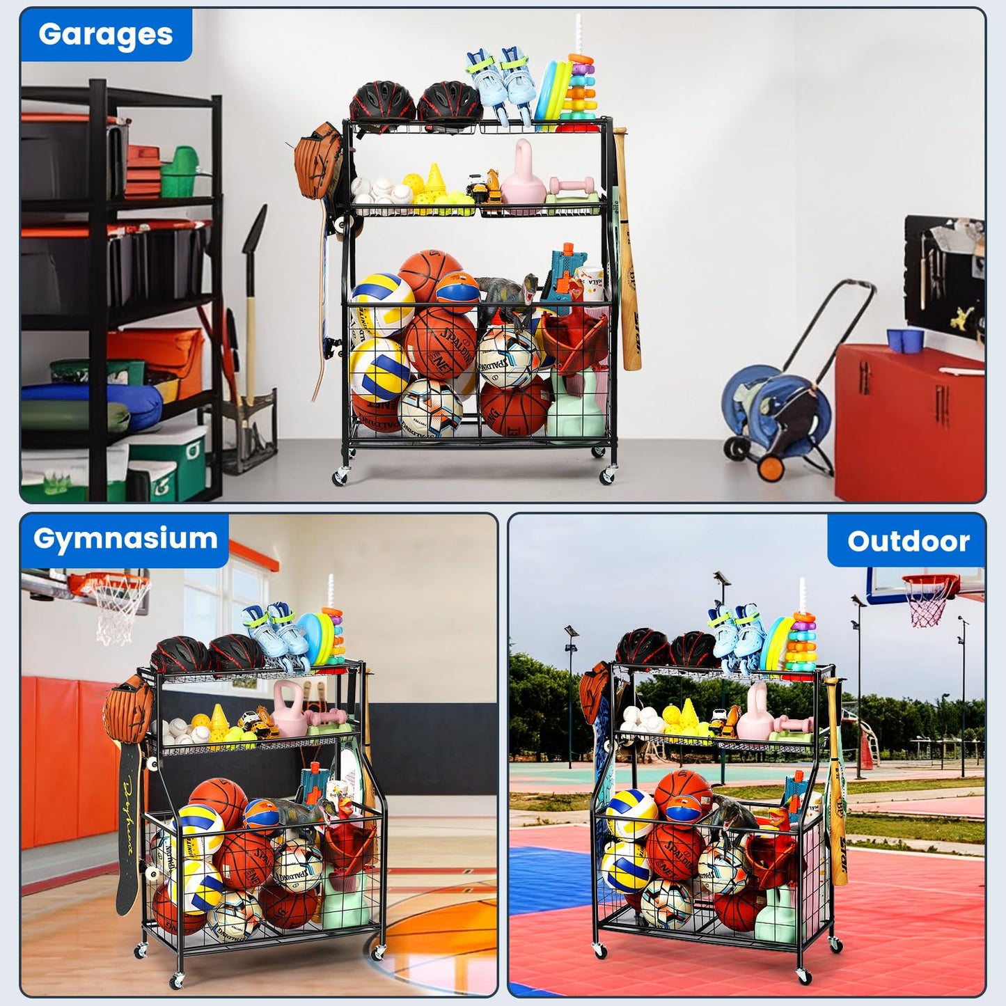 Kinghouse Sport Equipment Organizer for Garage, Steel Basketball Rack with Bat Holder and Hooks, Easy Assembly Storage for Balls, Kids' Toys, Workout Gear, Home Gym, Outdoor