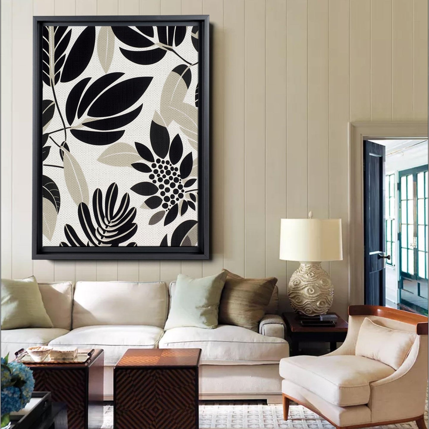 Scandinavian Folk Art, Black and Beige Abstract Botanical Wall Art for Scandinavian Home Decor
