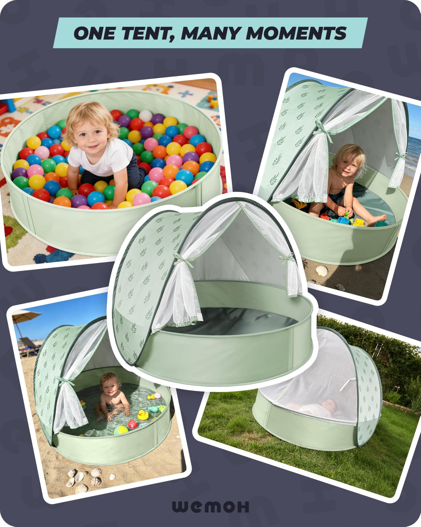 Baby Beach Tent with Pool, 3-in-1 Upgrade Pop Up UPF 50+ Sun Protection Shelter with Mosquito Net Babies Toddlers Portable Outdoor Summer Essentials for Beach, Backyard, Indoor- Green Leaves