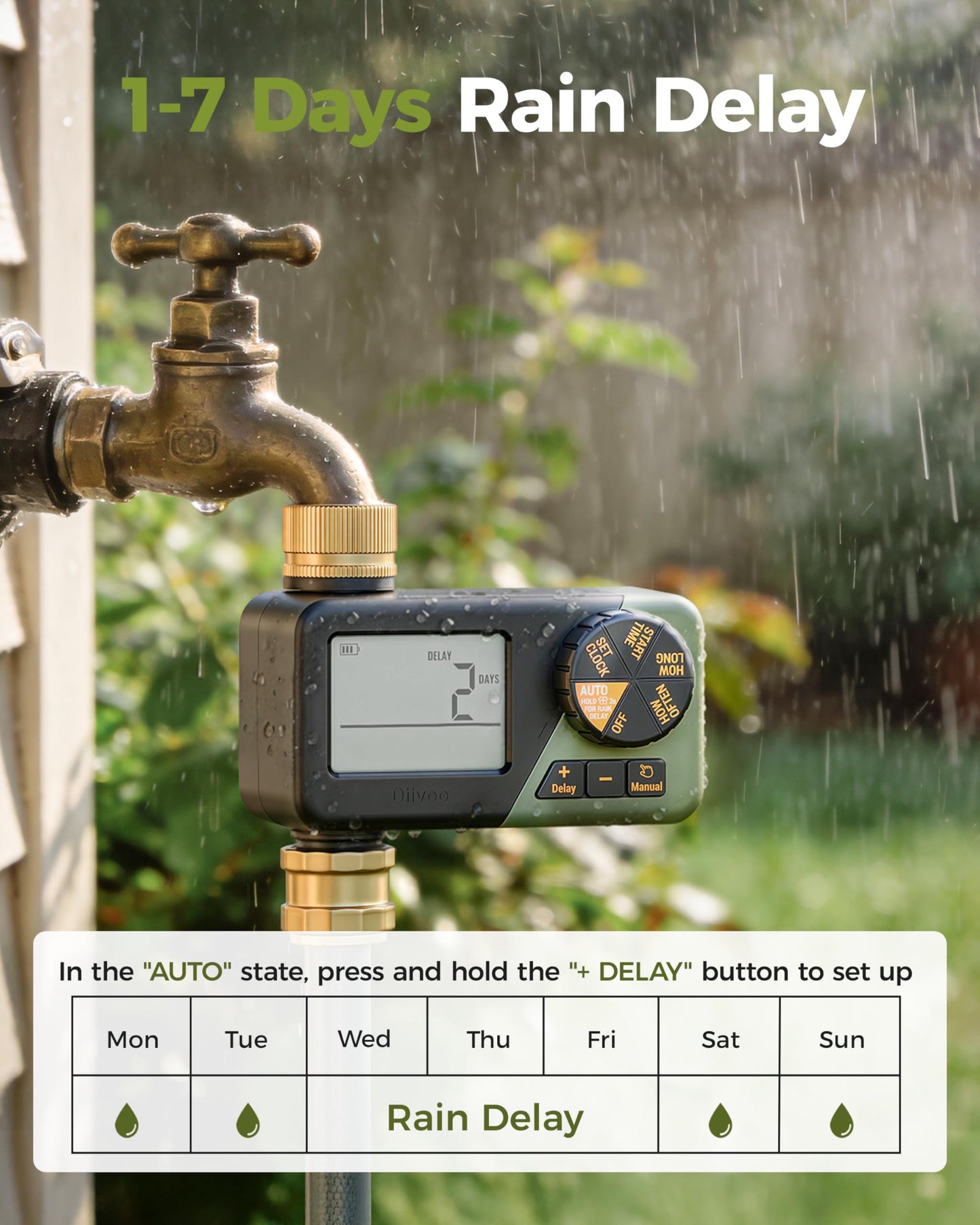 Diivoo Brass Sprinkler Timer, IP66 Waterproof Programmable Hose Timers for Watering with Large Display, Rain Delay & Manual Mode for Outdoor Automatic Irrigation of Garden, Lawn, Yard