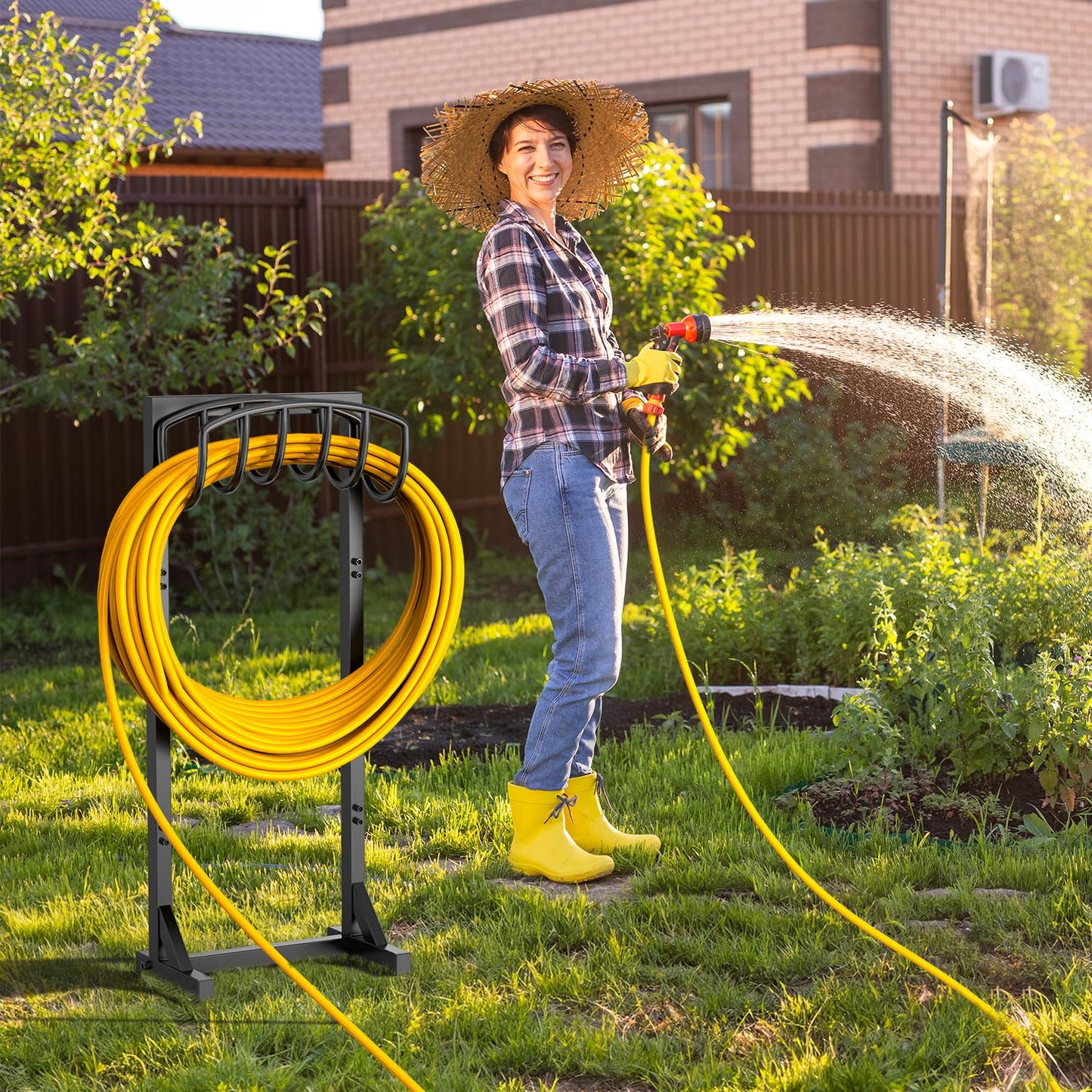 Pattiumo Garden Hose Holder Stand, Heavy Duty Freestanding Metal Hose Holder with 4 Spikes, Hose Reel Alternative Holds up to 150 ft for Yard Lawn Garden Patio