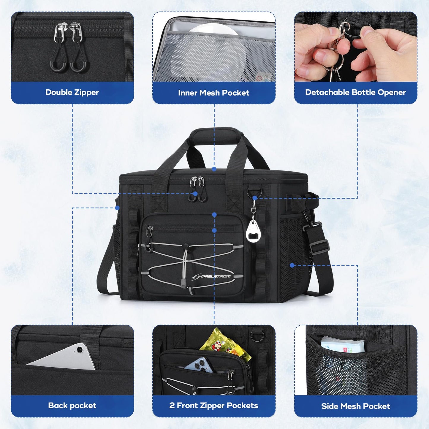 Maelstrom Soft Sided Cooler Bag, 30/40 Can Collapsible Insulated Ice Chest, Large Leakproof Portable Storage for Camping, Travel, Kayaking & Beach (1.Black, 30 Can)