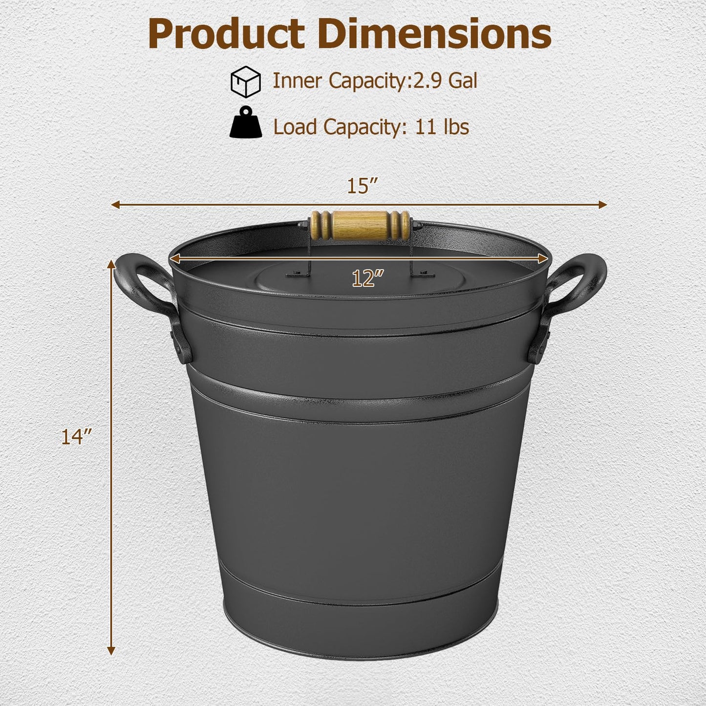 COSTWAY Ash Bucket with Lid Set of 2, 2.9 Gallon Metal Coal Ash Can w/Wooden Lid, Side Grips, Indoor & Outdoor Fireplace Ash Tool Cleaning Bucket for Fireplace Fire Pits Wood Burning Stoves, Black