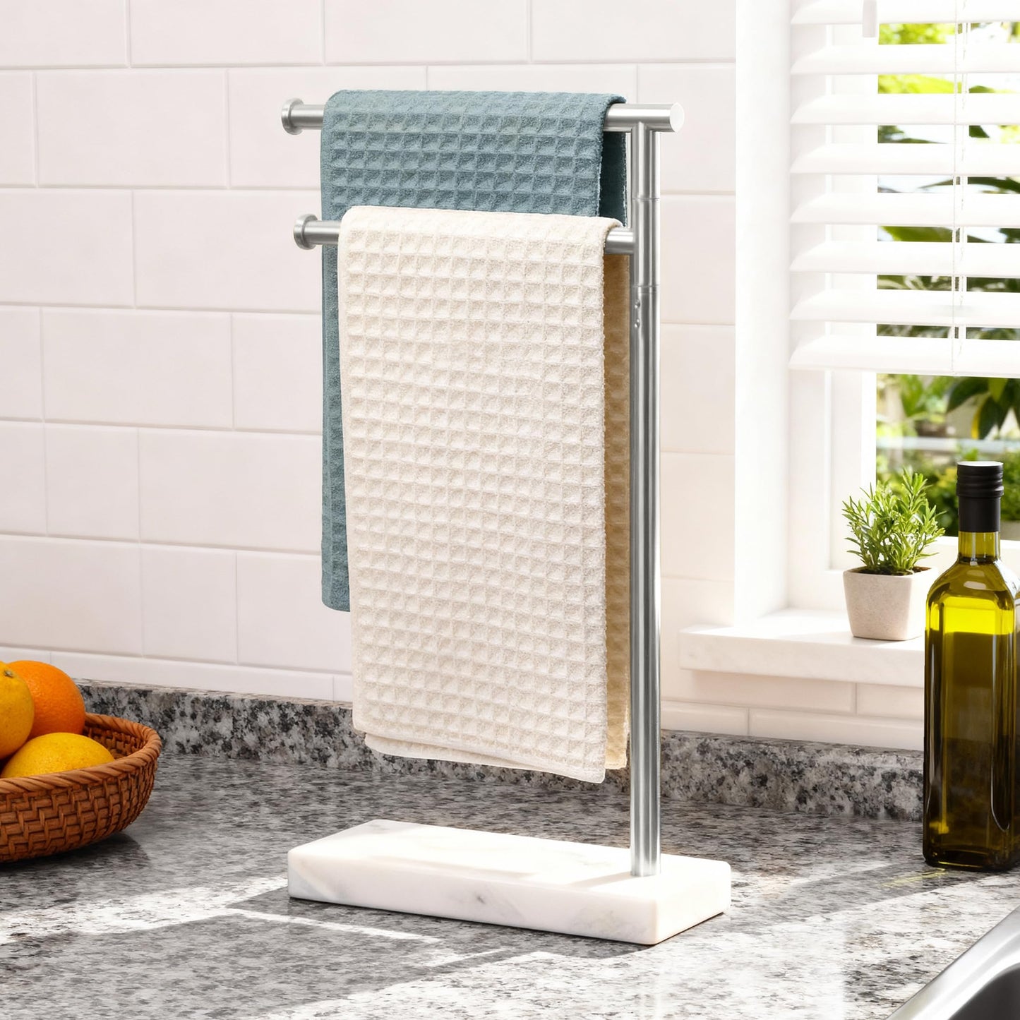 KES Hand Towel Holder Stand for Bathroom, Countertop Towel Stand Swivel with Marble Base, 17.3" 2 Arms Hand Towel Holder Freestanding Counter Top 18/8 Stainless Steel Brushed Finish, BTH233A-2