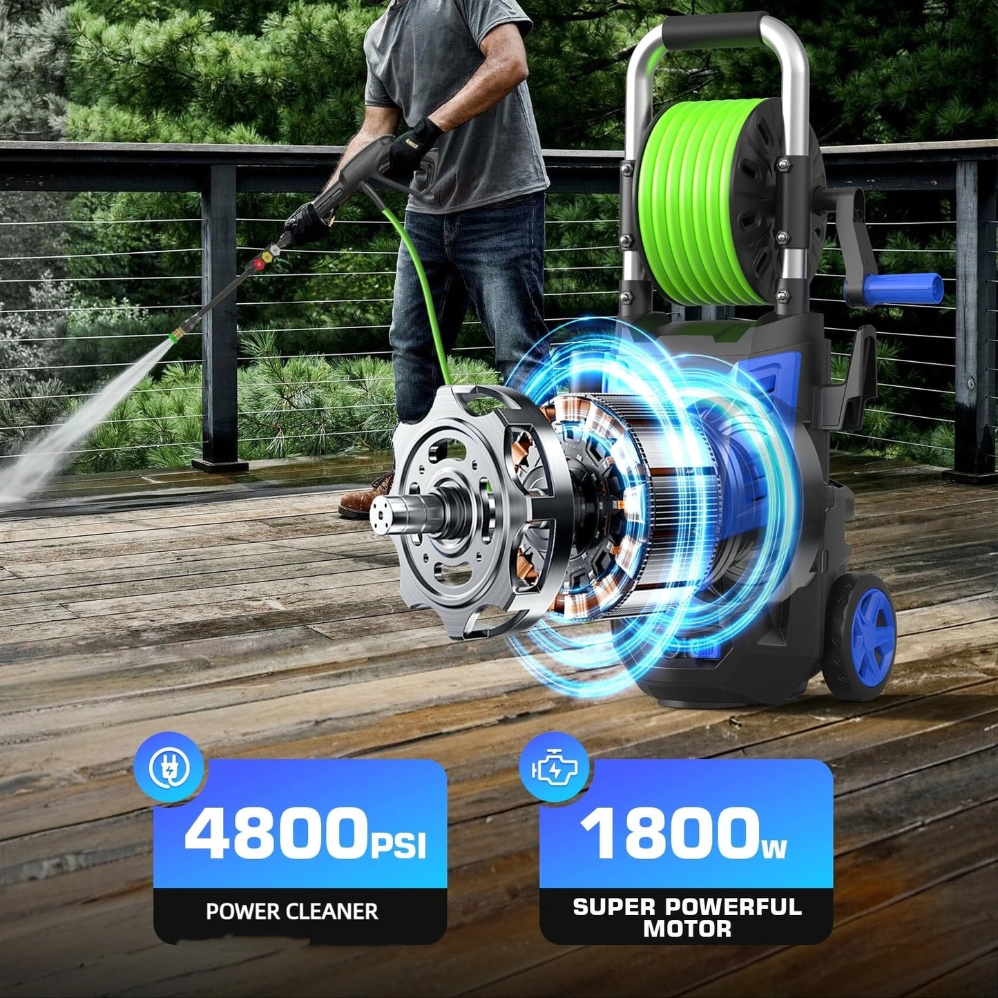 4800 PSI Electric Pressure Washer- 4.0 GPM High Power Washer with 33FT Hose Reel, 4 Spray Tips and Soap Bottle for Car Washing, Fence Cleaning, Patio Maintenance（Upgraded）(Blue)