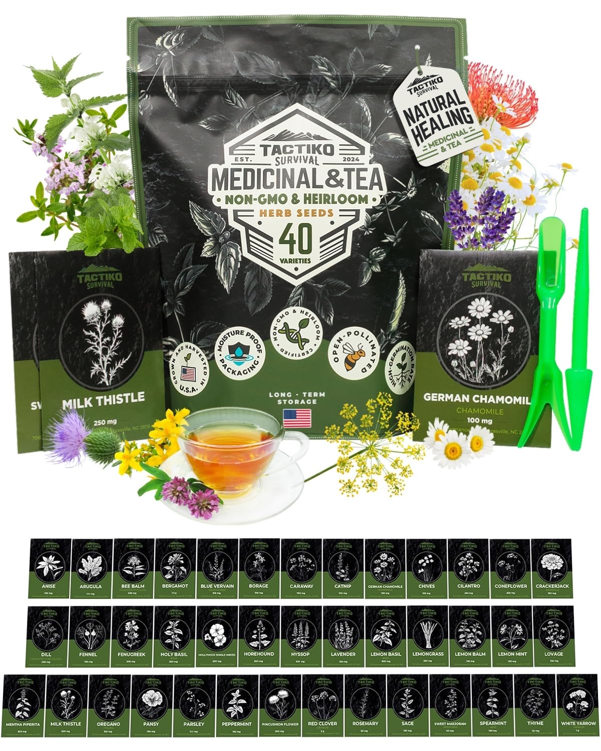 Tactiko Survival 40 Medicinal & Tea Herb Seeds Variety Pack, Indoor & Outdoor Herbal Garden Kit, USA Grown Heirloom Non-GMO, Herbal Seeds for Teas, Resealable Mylar Bag for Long-Term Storage