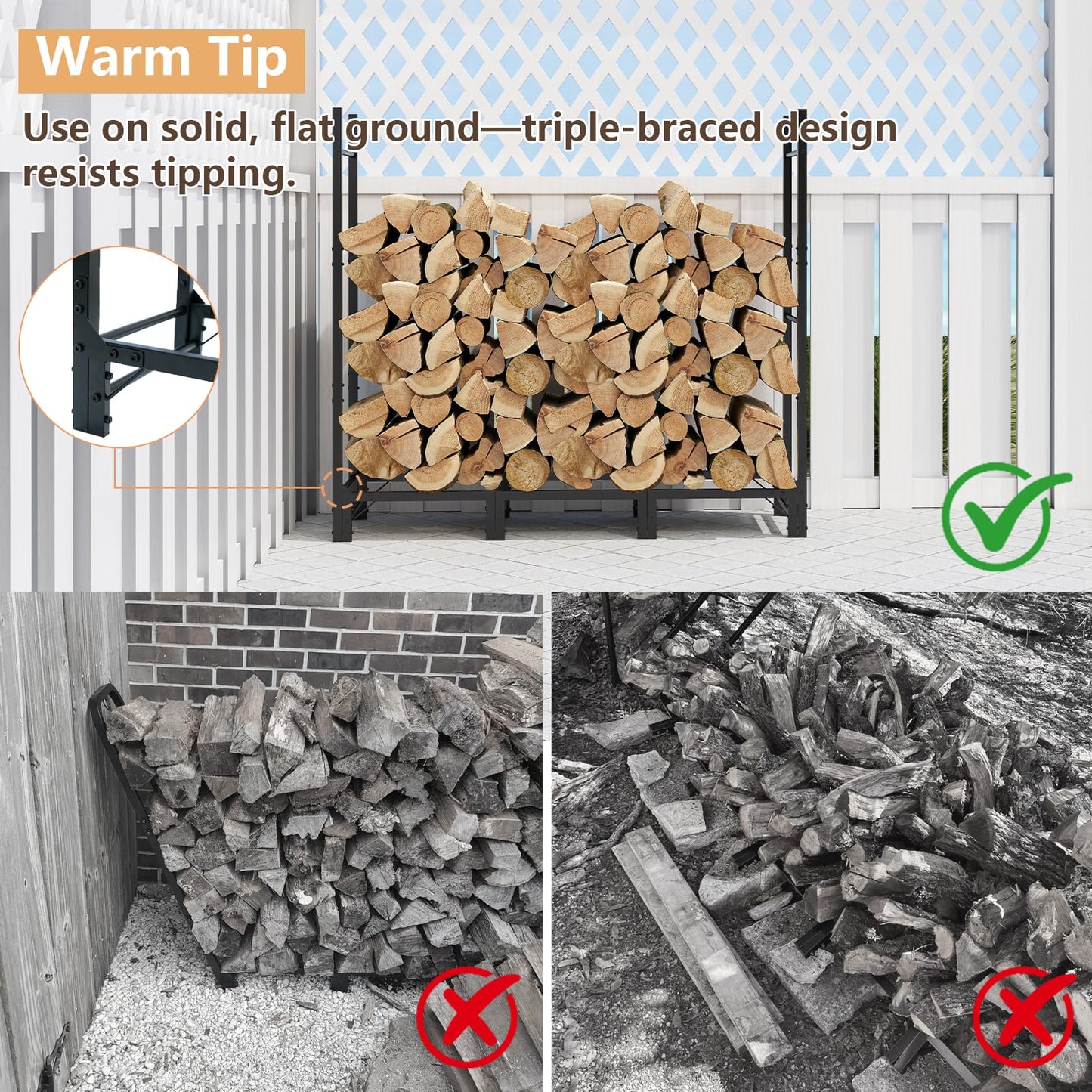 C-Hopetree 4Ft Outdoor Indoor Firewood Rack, Adjustable Metal Log Holder for Fireplace, Heavy Duty Wood Pile Storage Organizer Stacker Stand, Black