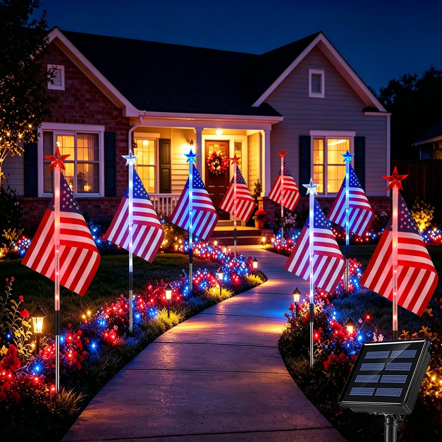American Flag for Outside 4th of July Decorations, 9-Pack Solar Red White Blue Lights for Garden Yard Pathway, Waterproof Patriotic Decorations for 250th Anniversary, Memorial Day, Independence Day