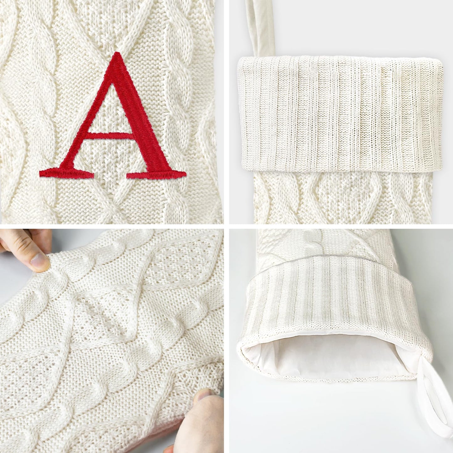 Yoochee 21 Inches Knitted Christmas Stockings with Initials, Large White Custom Monogram Embroidery Christmas Stockings with Letter, Personalized Xmas Decoration for Holiday Family Party-A