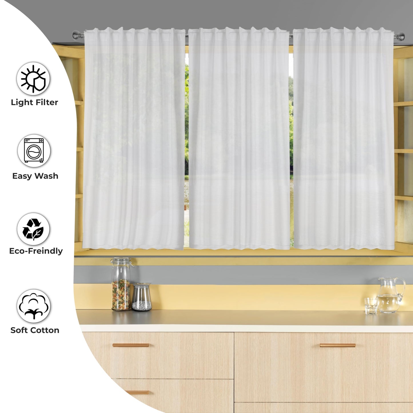 Ramanta Home 100% Cotton Light Filtering Curtains 50x72 Inch - Set of 2, White Curtain for Living Room, Bedroom, Farmhouse Cotton Textured Slub Fabric Semi Sheer Back Tab Window Linen Panels - White