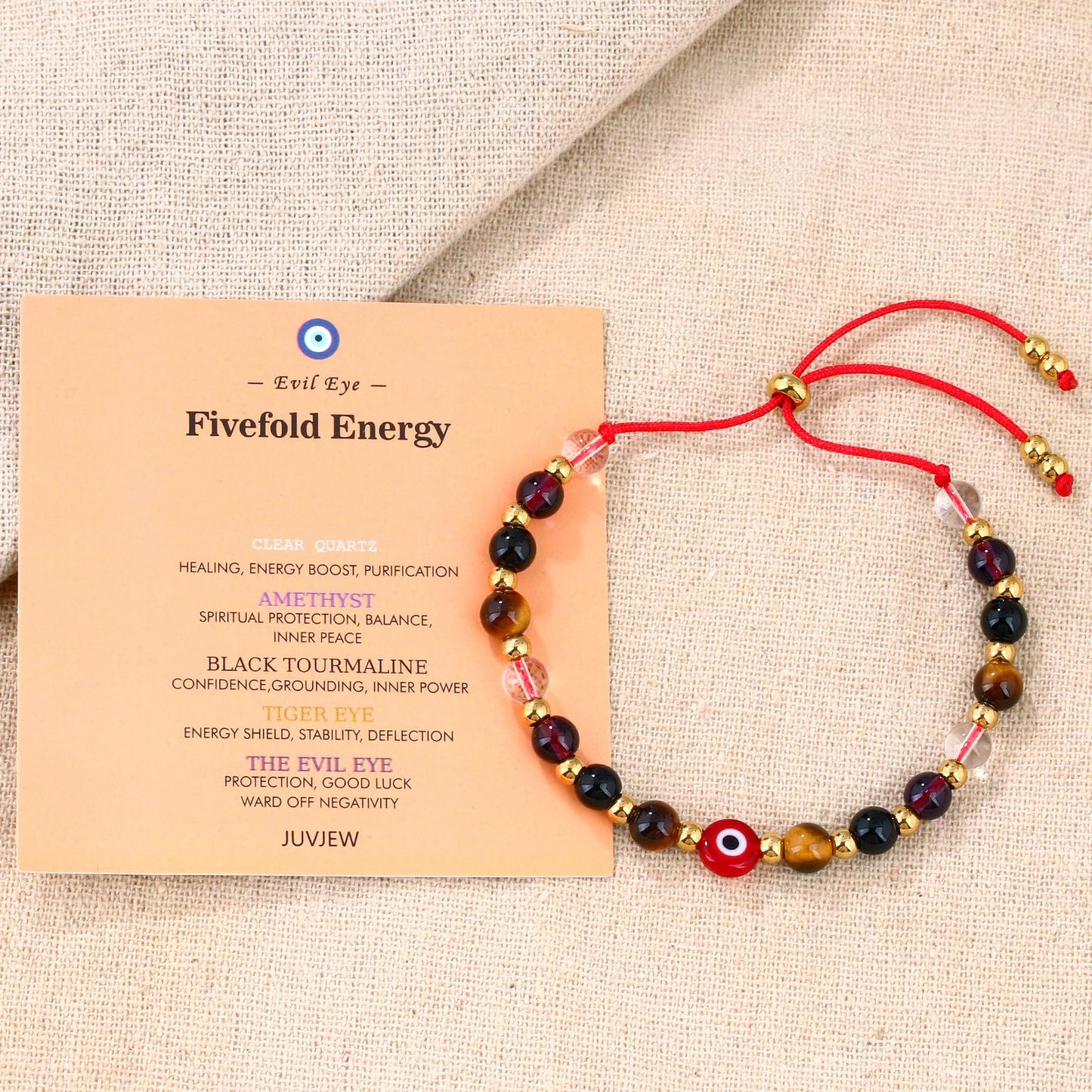 Cute Evil Eye Bracelet Red Black - Natural Crystal Protection Adjustable Spiritual Guardian Jewelry- 5 Healing Stones Clear Quartz Amethyst Black Tourmaline Tiger Eye Bracelet Adjustable (Red Eye-Red Rope)